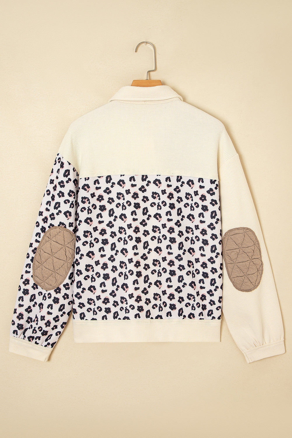 Khaki Leopard Waffle Quilted Patchwork Button Front Jacket eAura