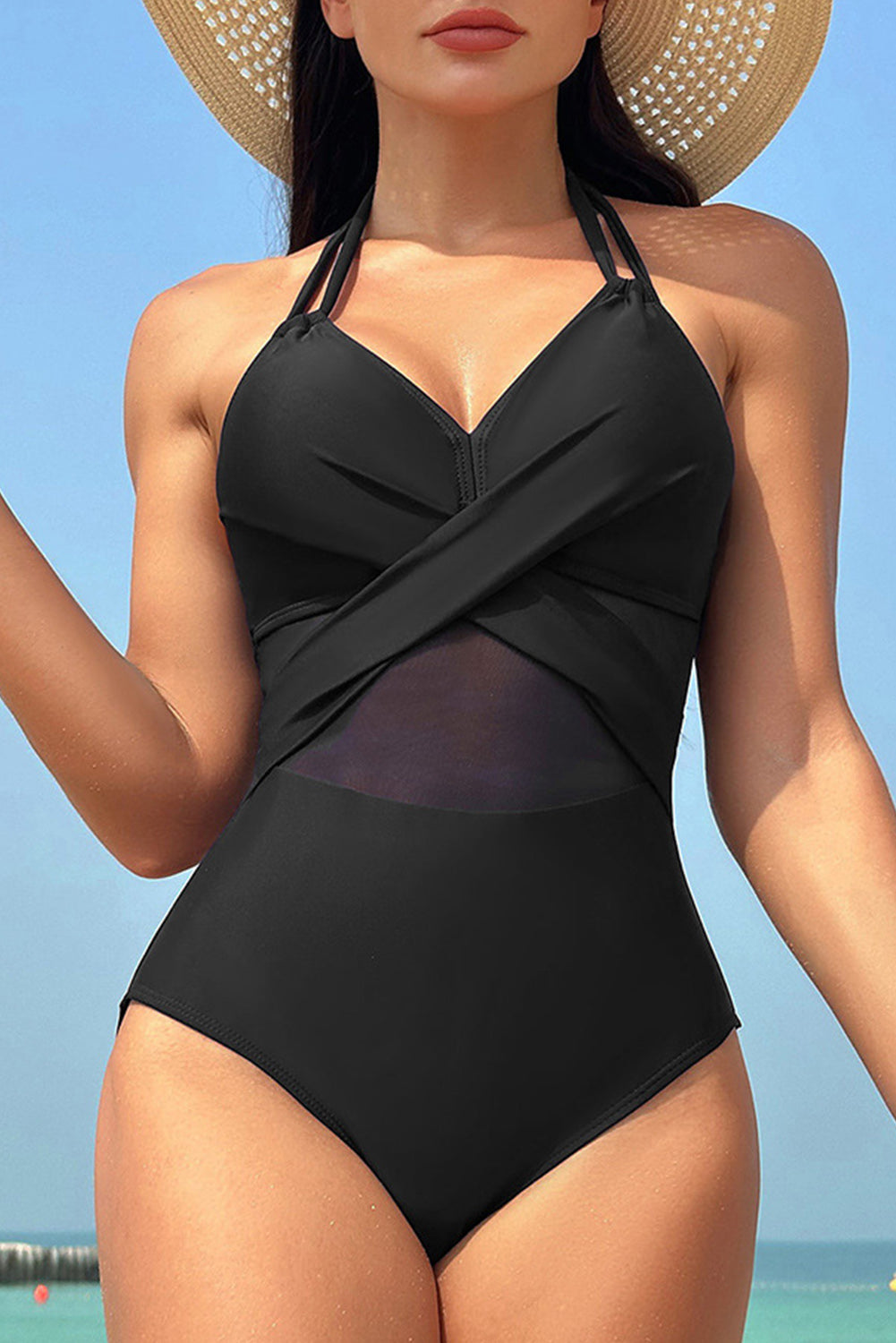 Navy Blue Halter Mesh Insert Cross Front One-Piece Swimsuit BB Fashion Outlet