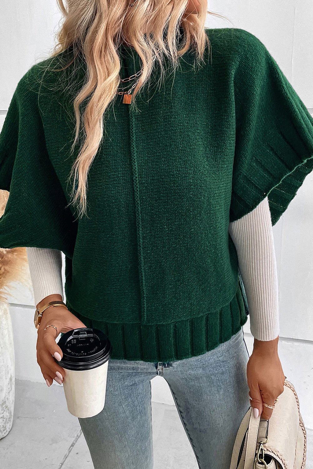 Blackish Green Mock Neck Batwing Short Sleeve Knit Sweater eAura