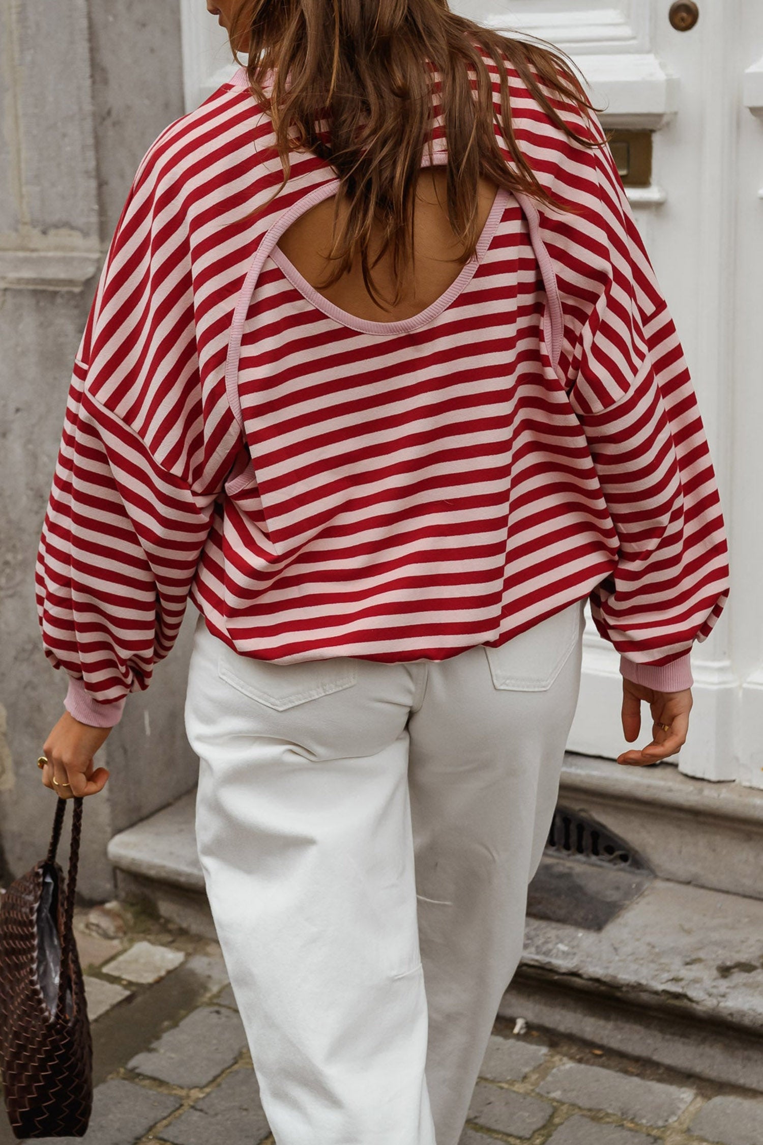 Cutout Open Back Long Sleeve Loose Top – Red Stripe
