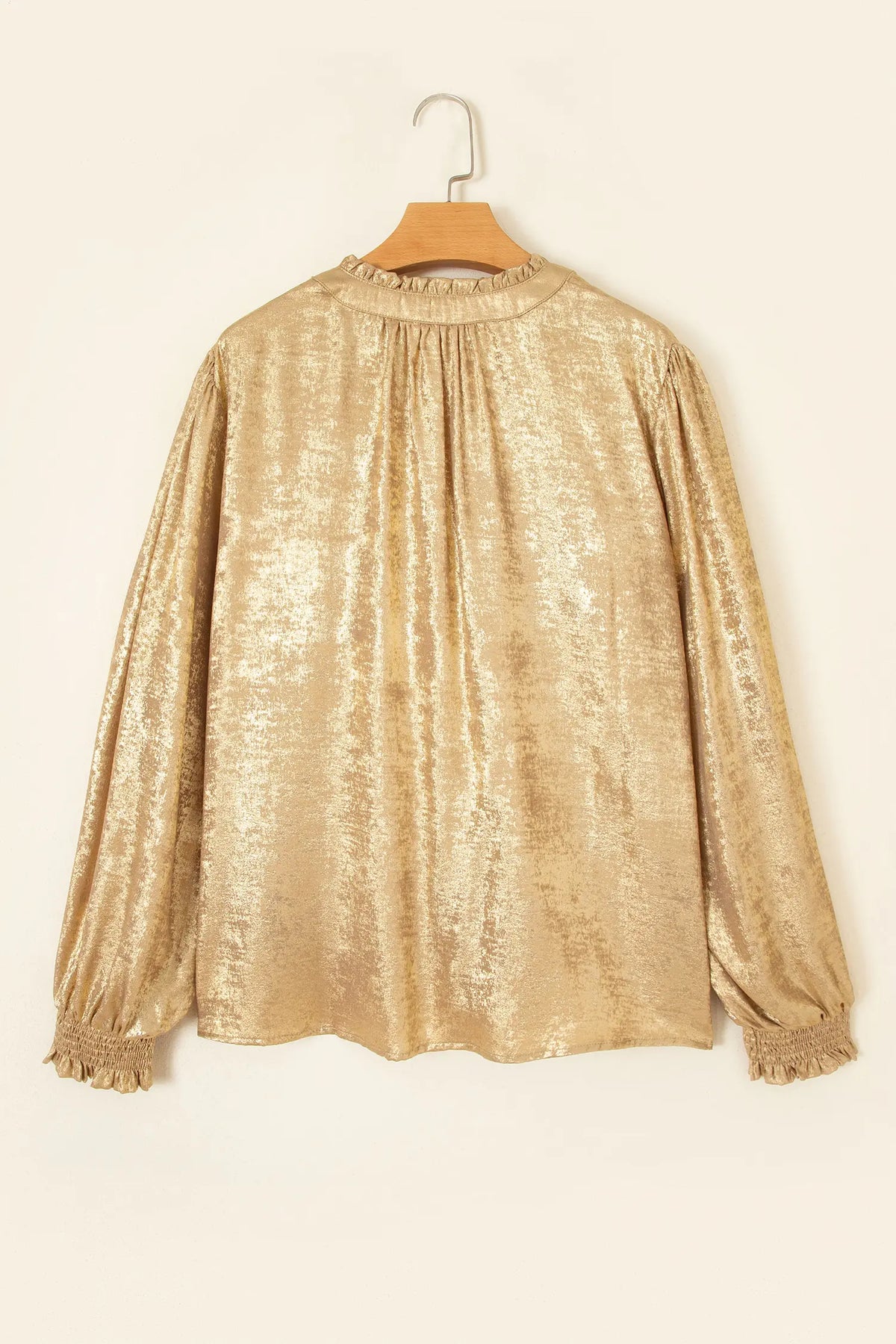 Metallic Sheen V Neck Gathered Cuff Long Sleeve Blouse – Gold
