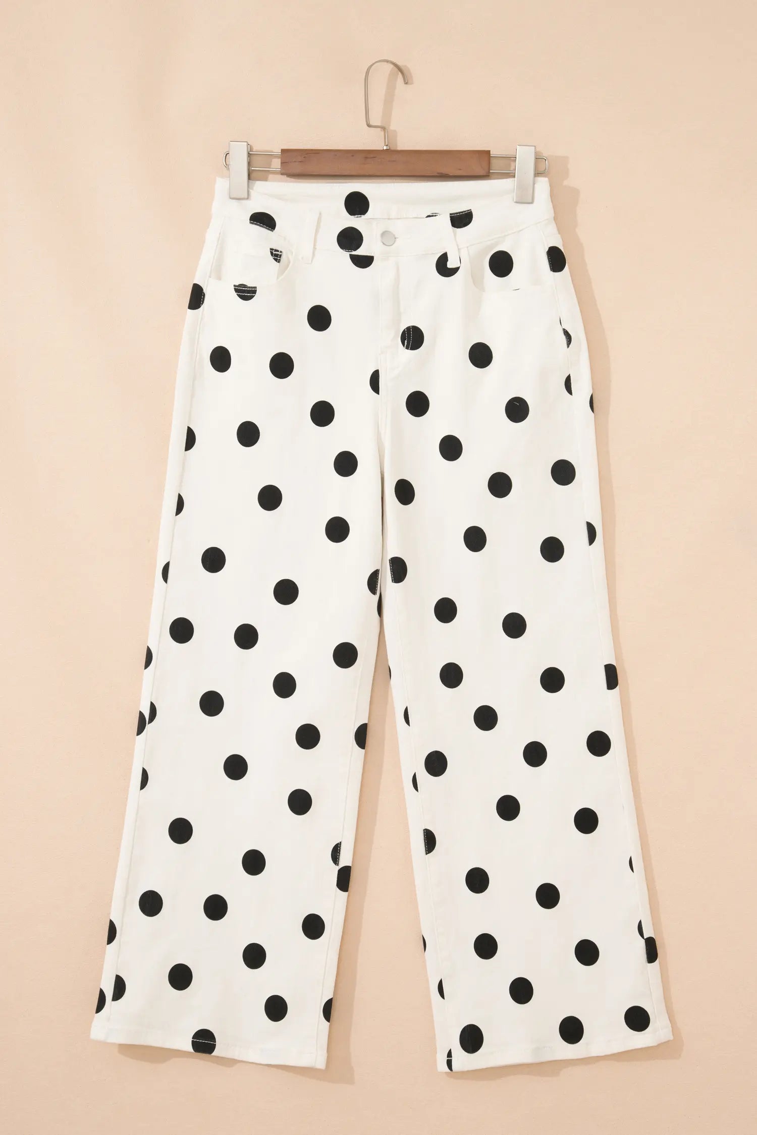 White Polka Dot Print Wide Leg Ankle-Length Jeans