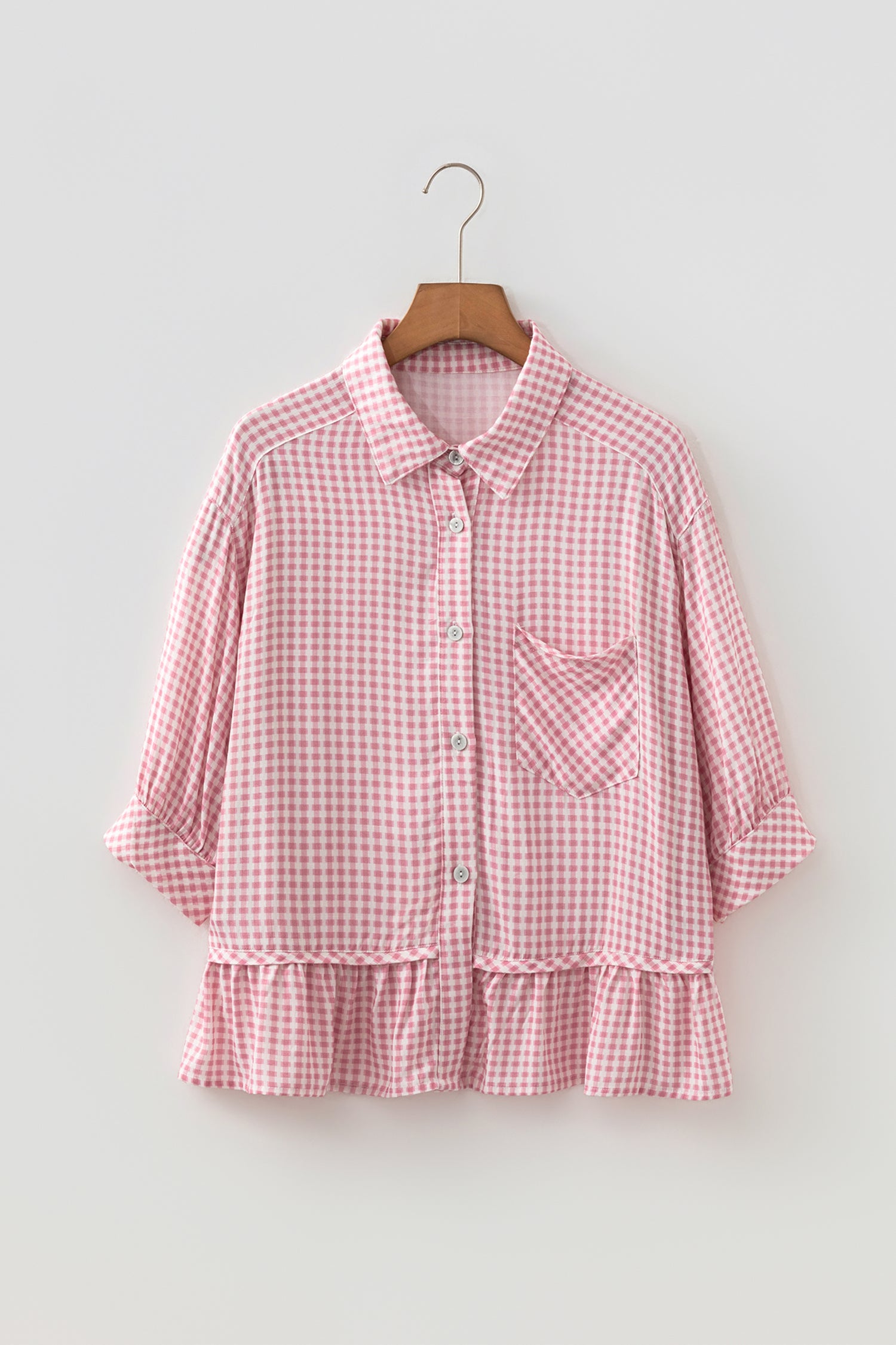 Plaid Half Sleeve Ruffle Hem Button Down Shirt – Pink