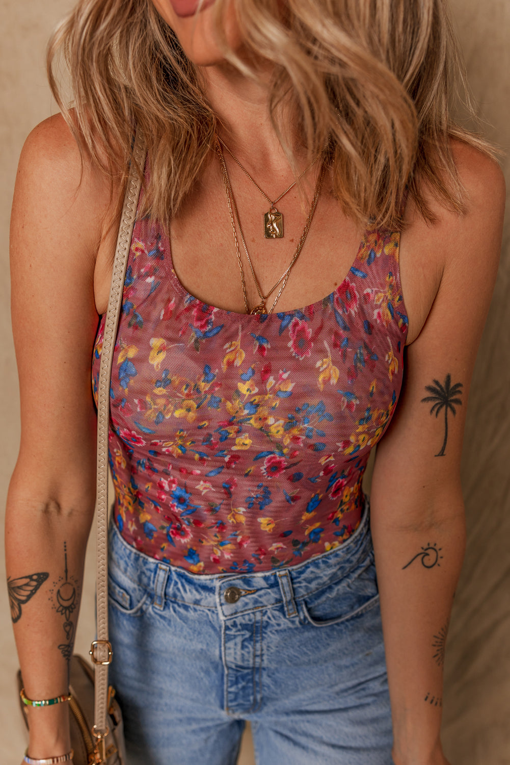 Purple Floral Printed Mesh U Neck Sleeveless Bodysuit eAura