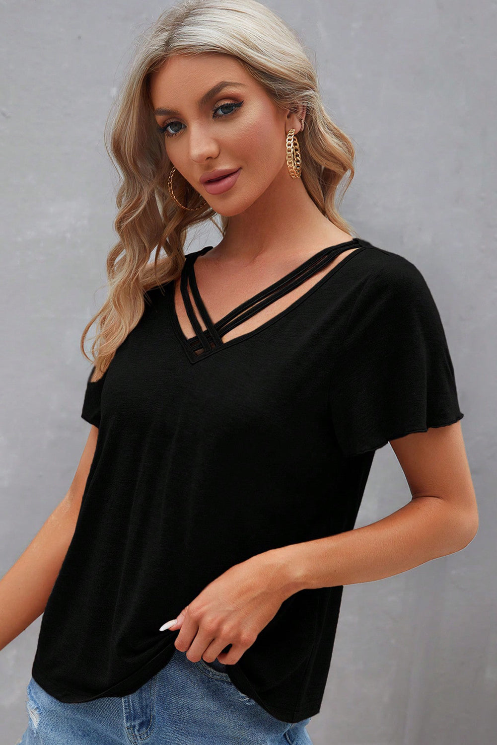 Black Crisscross V Neck Butterfly Sleeve T Shirt eAura