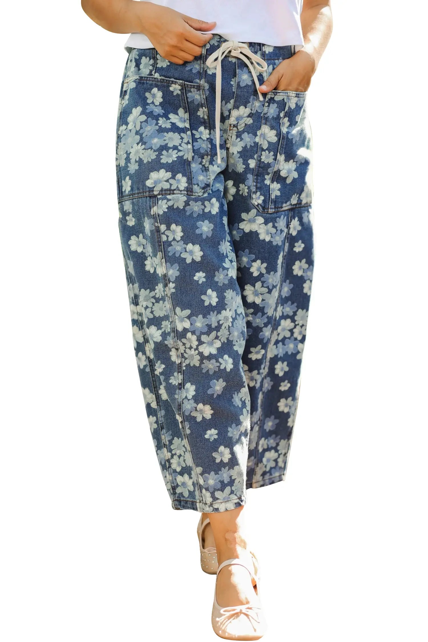 Sky Blue Dainty Floral Printed Drawstring Barrel Jeans