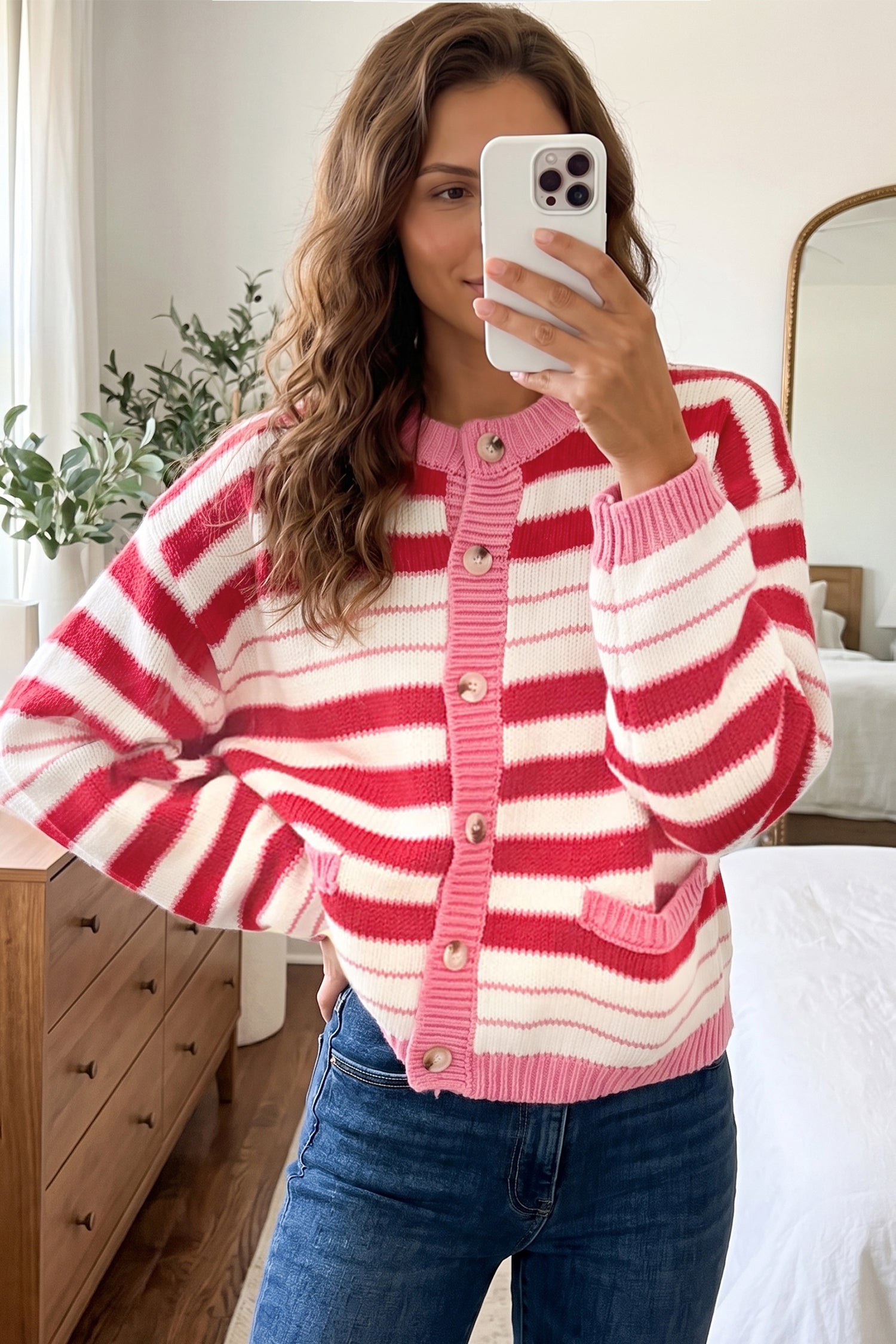 V Neck Long Sleeve Regular Fit Cardigan – Red Stripe