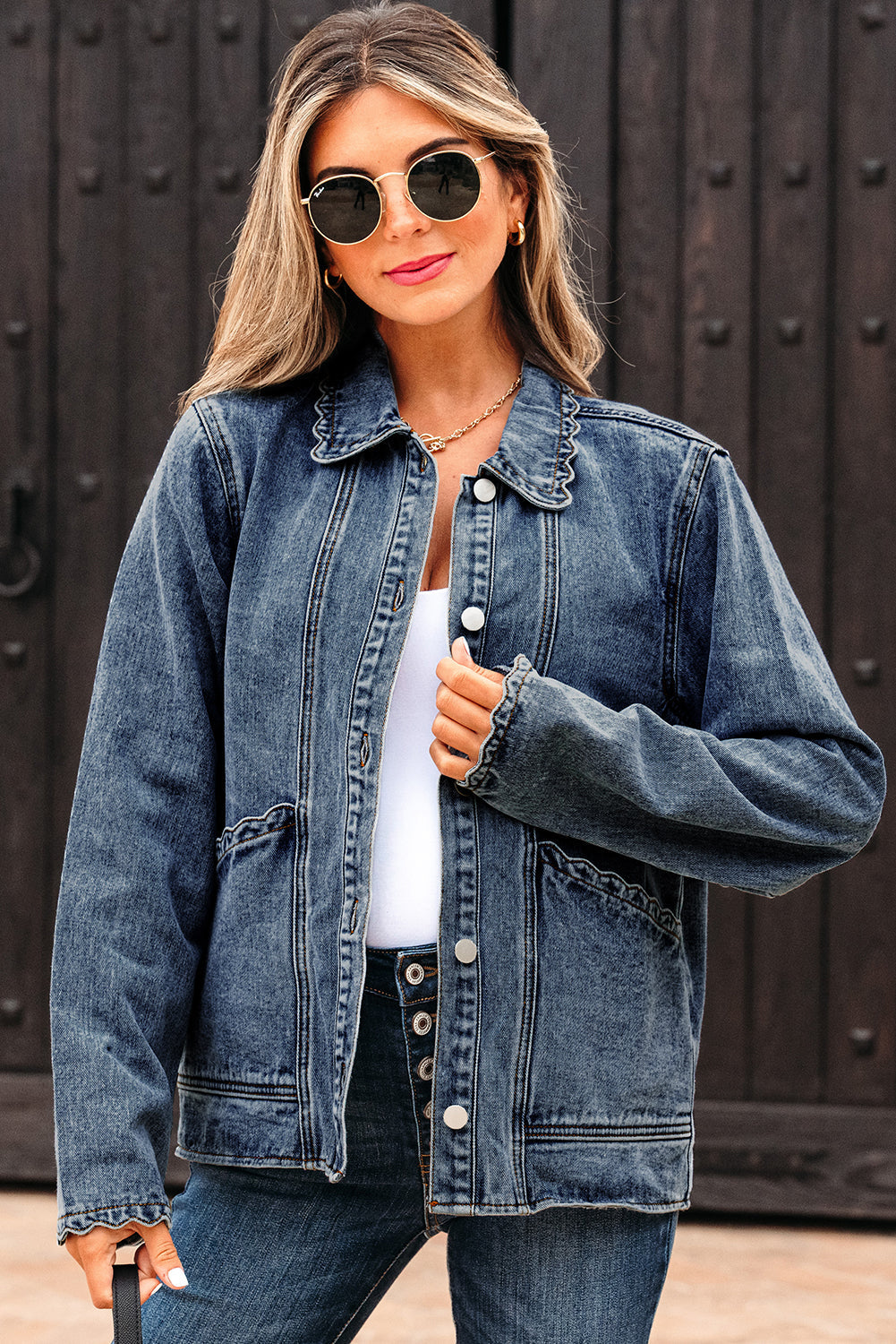 Scallop Trim Collar Patched Pocket Button Up Denim Jacket eAura