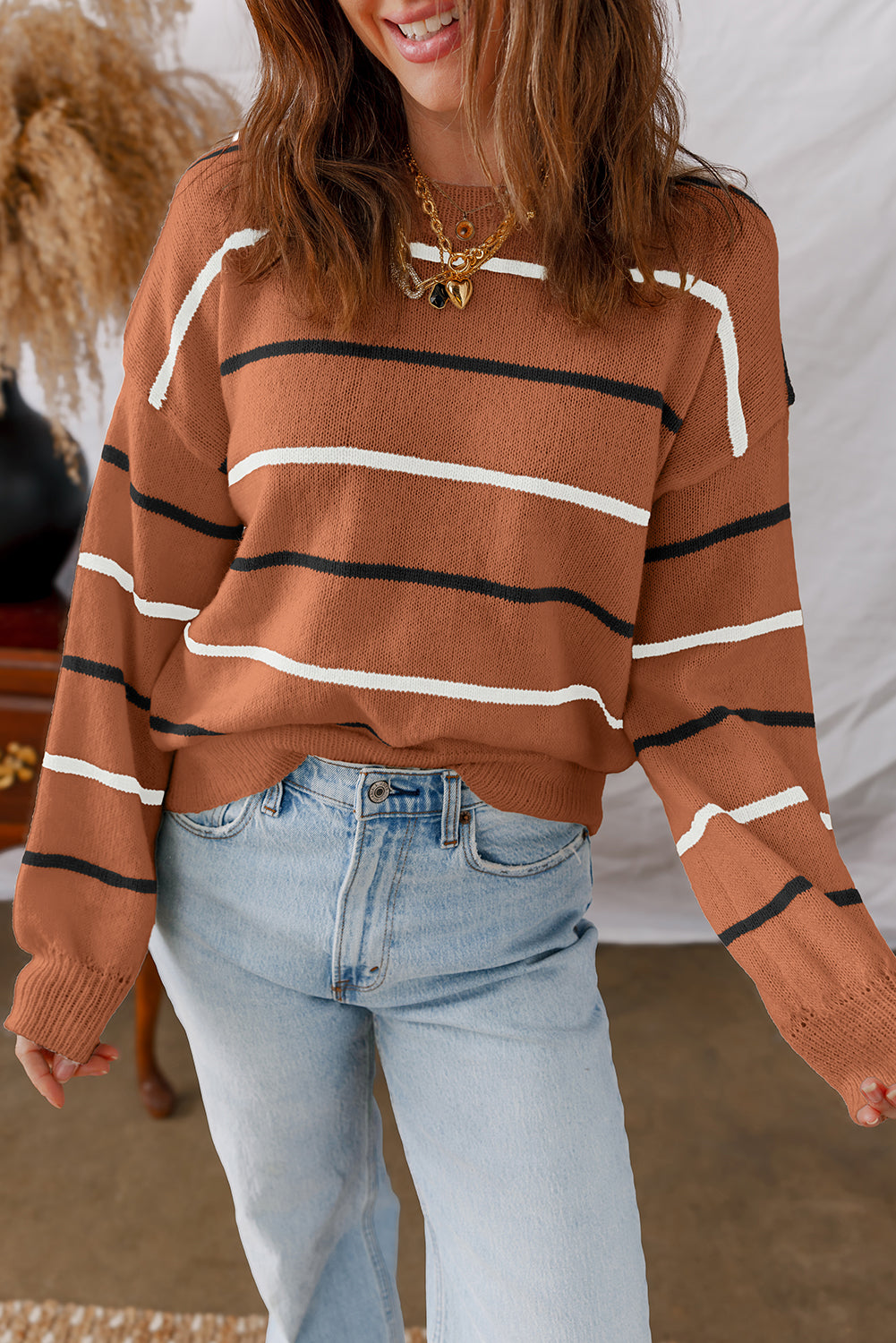Striped Ribbed Edge Drop Shoulder Sweater eAura