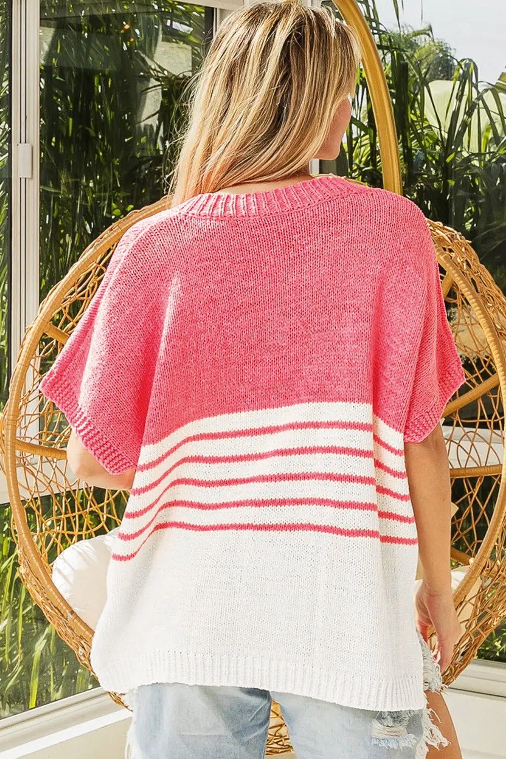 Strawberry Pink Contrast Stripes V Neck Knitted Short Sleeve Top eAura