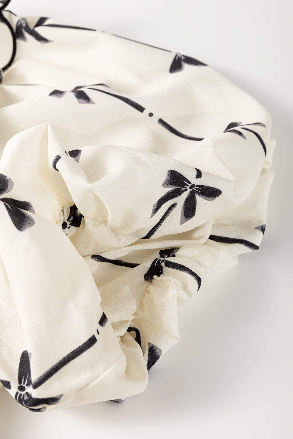 Apricot Bow Printed Ruffled Bubble Sleeve Lace-up Notched Neck Plus Size Blouse - eAura