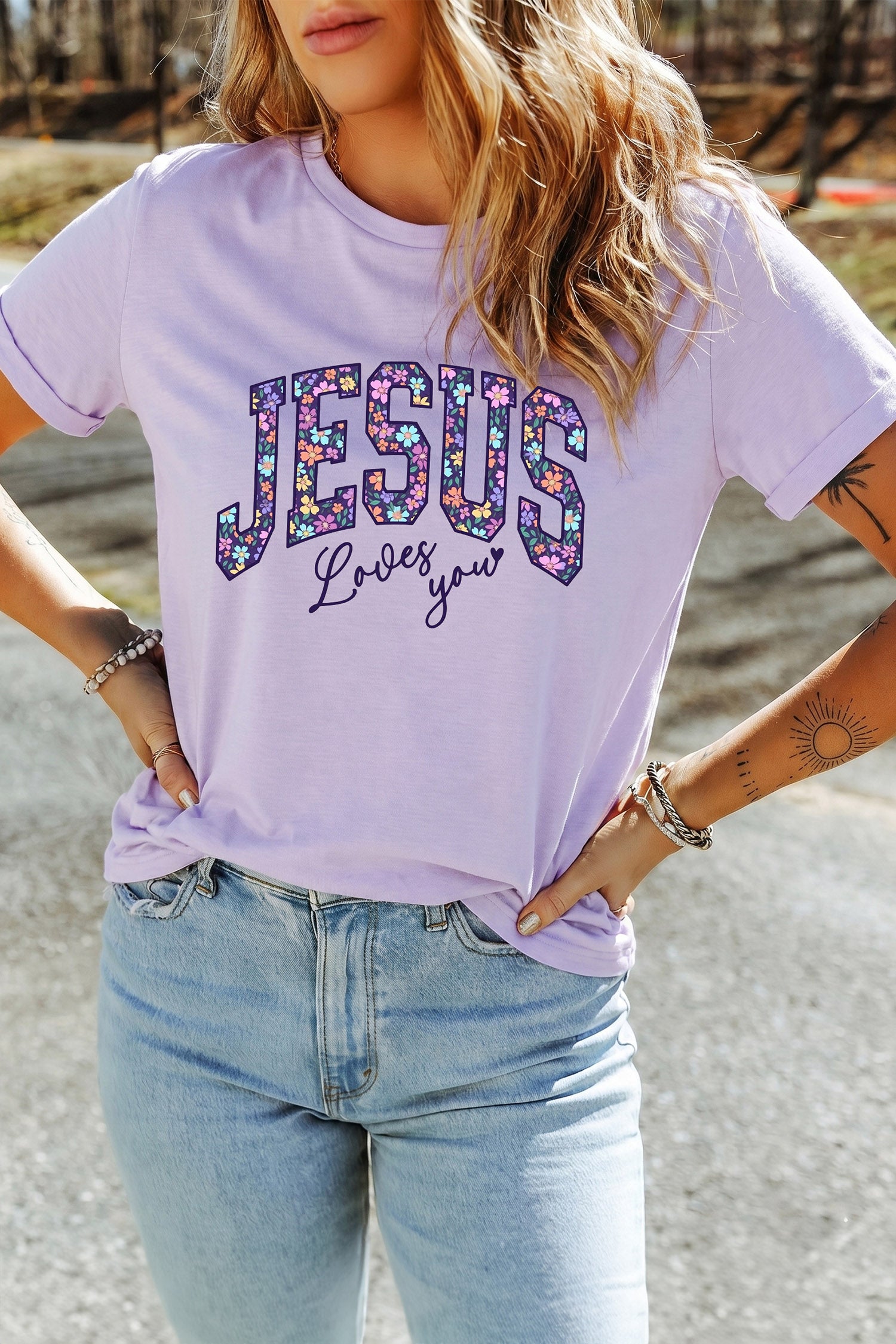 Christian Floral Letter Graphic Round Neck T Shirt – Orchid Petal