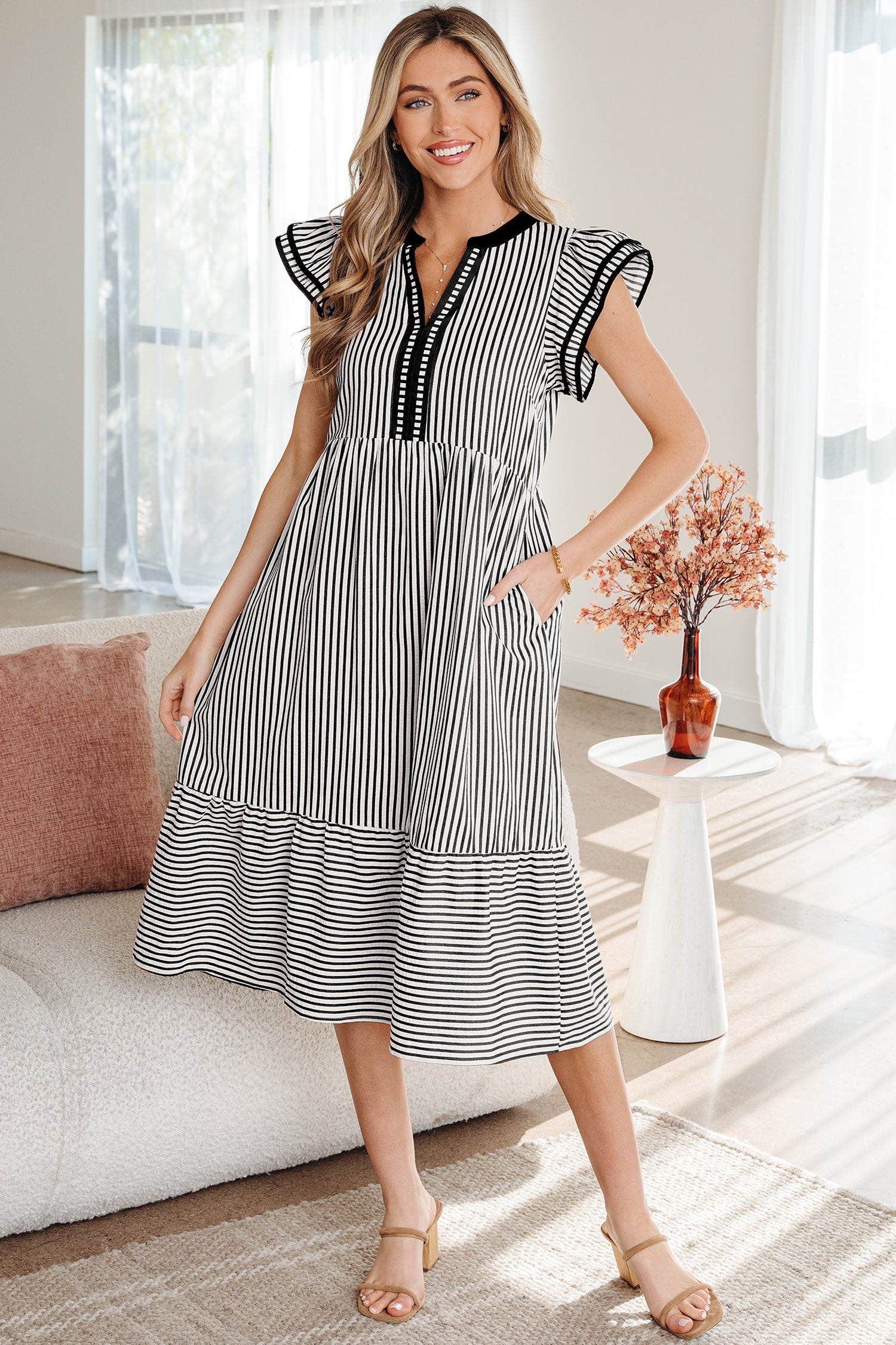 Stripe Double Ruffle Short Sleeve Contrast Trim V-Neck Midi Dress DL
