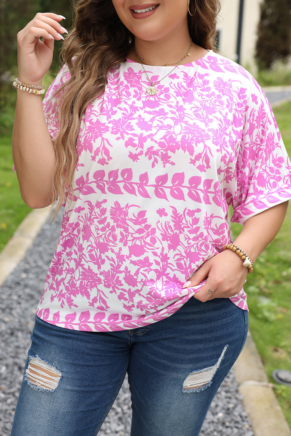 White Floral Printed Curved Hem Plus Size T Shirt BB Fashion Outlet