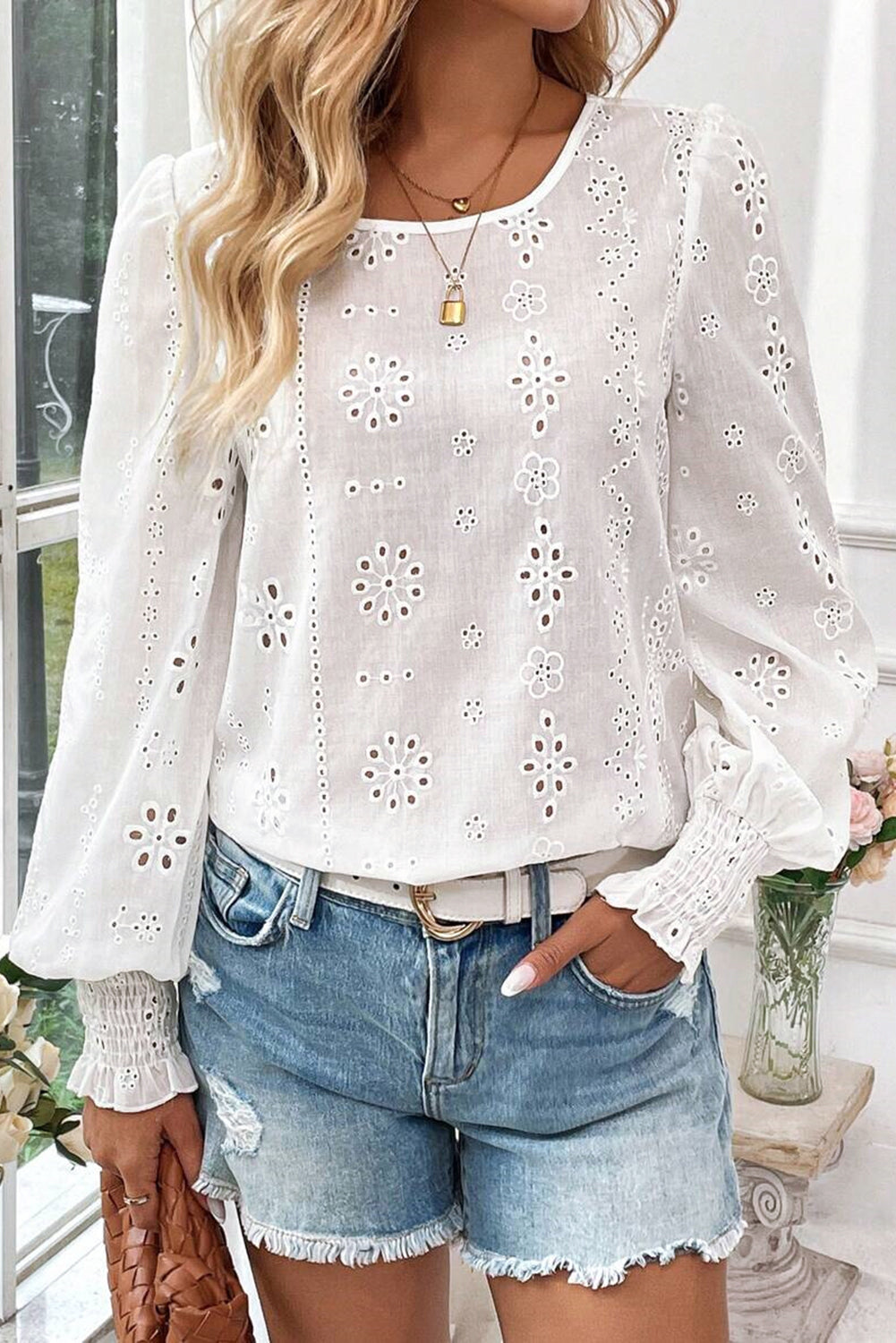 White Eyelet Embroidered Smocked Cuff Sheer Blouse Dear-Lover Dropshipping
