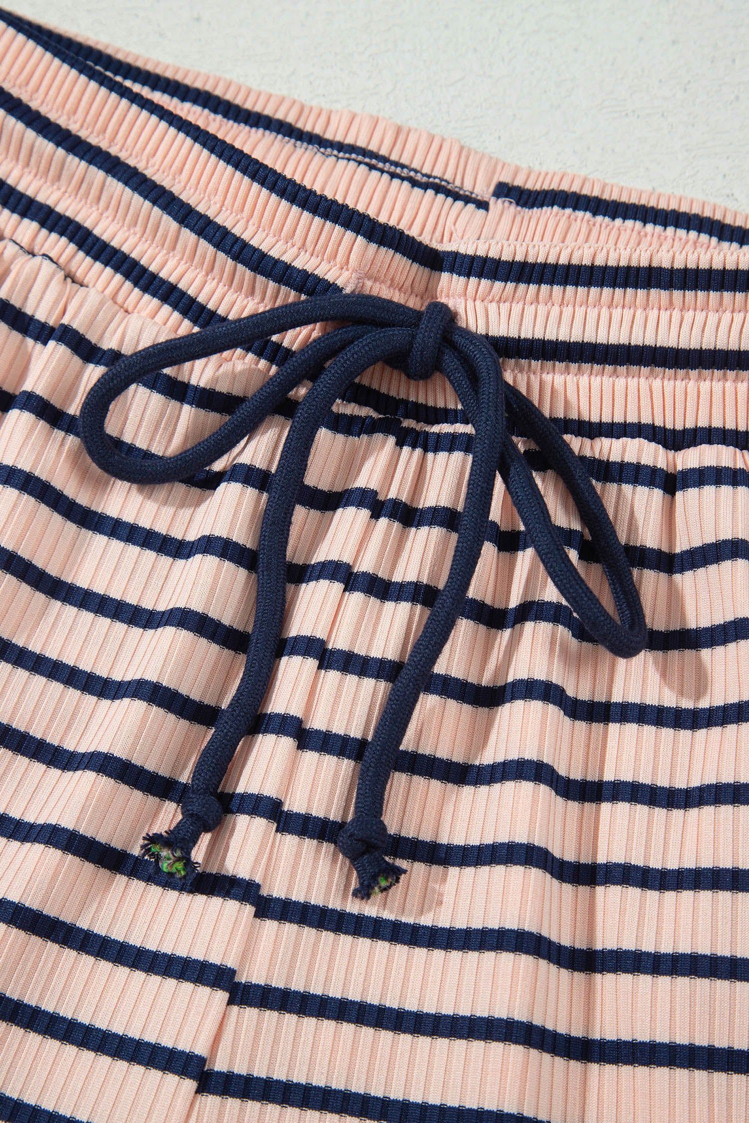 Color Block Long Sleeve Pullover Ribbed Knit Casual Shorts Set – Blue Stripe