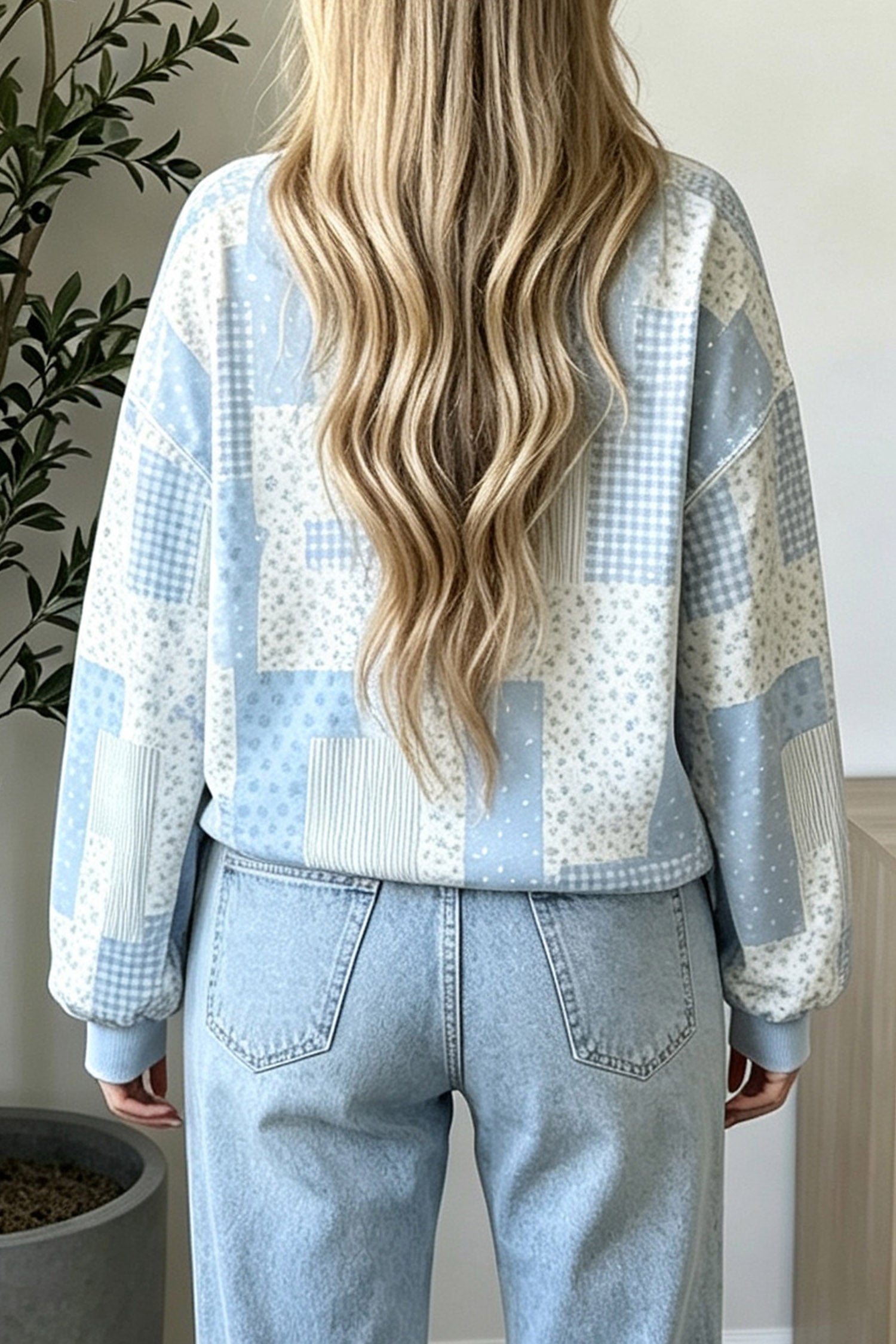 Patchwork Floral Print Mock Neck Long Sleeve Sweatshirt – Sky Blue