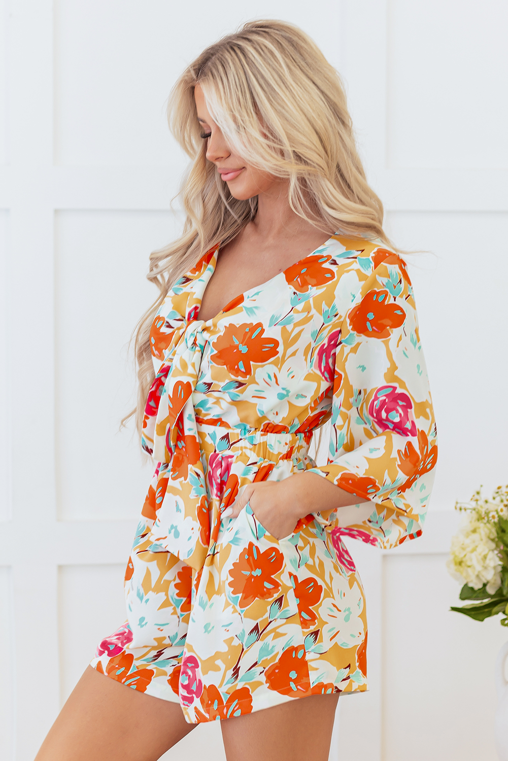 Orange Blooming Floral Print Front Tie Romper Beagle Boutique Fashion Outlet