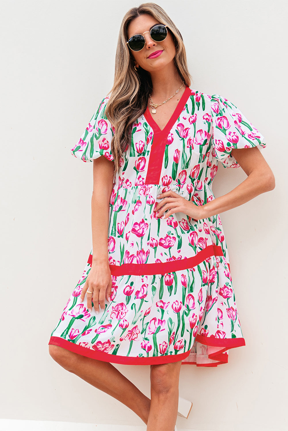Pink Floral Print Contrast Trim V Neck Bubble Short Sleeve Babydoll Dress eAura