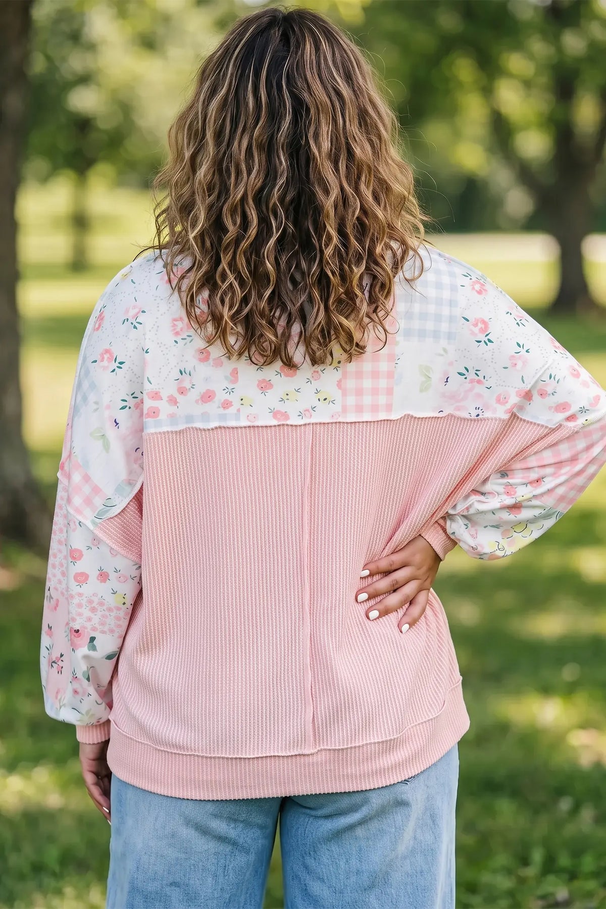 Patchwork Floral Print Long Sleeve Tunic Plus Size Blouse – Pink
