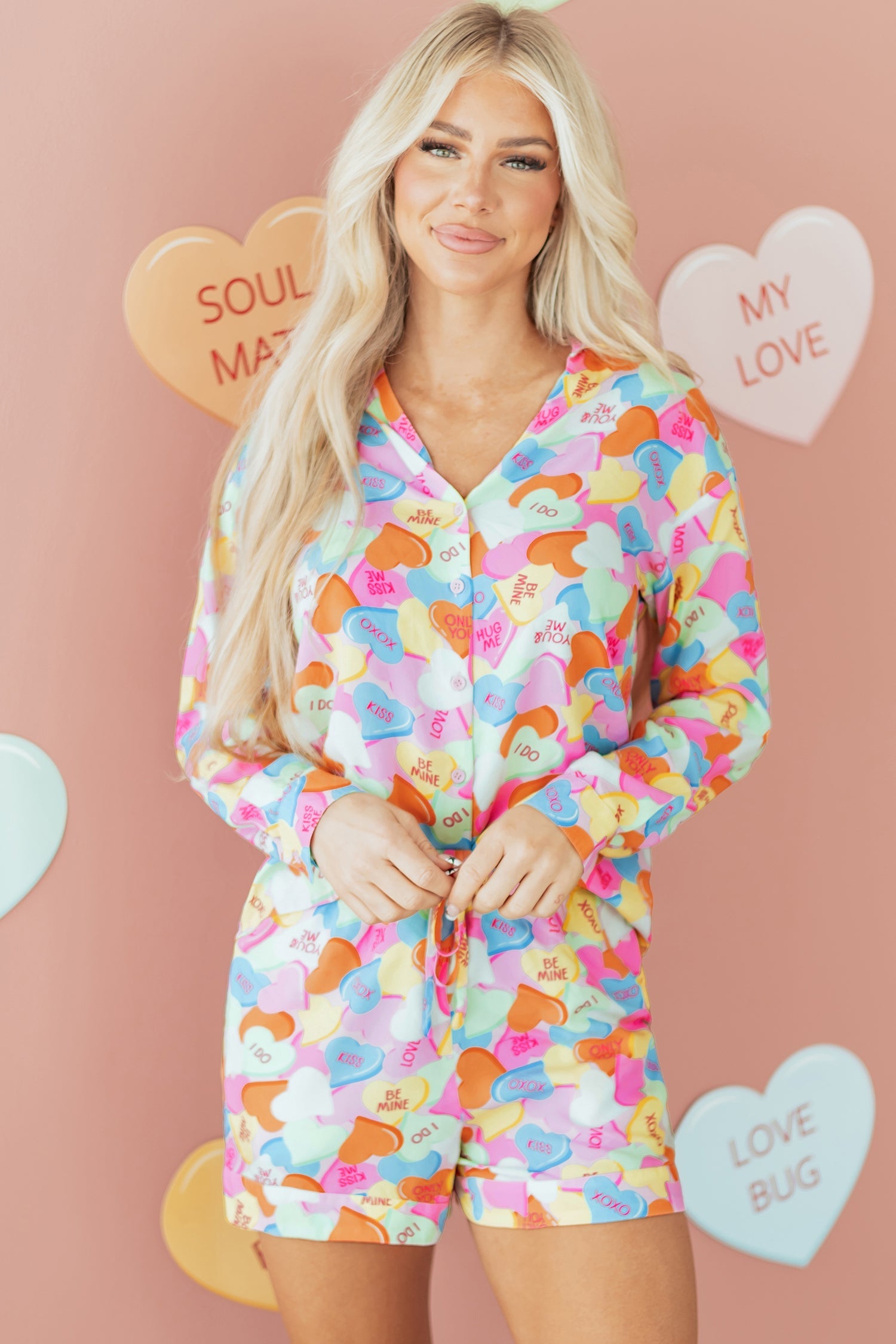 Candy Heart V-Neck Collared Tunic Shirt and Shorts Pyjama Set - eAura