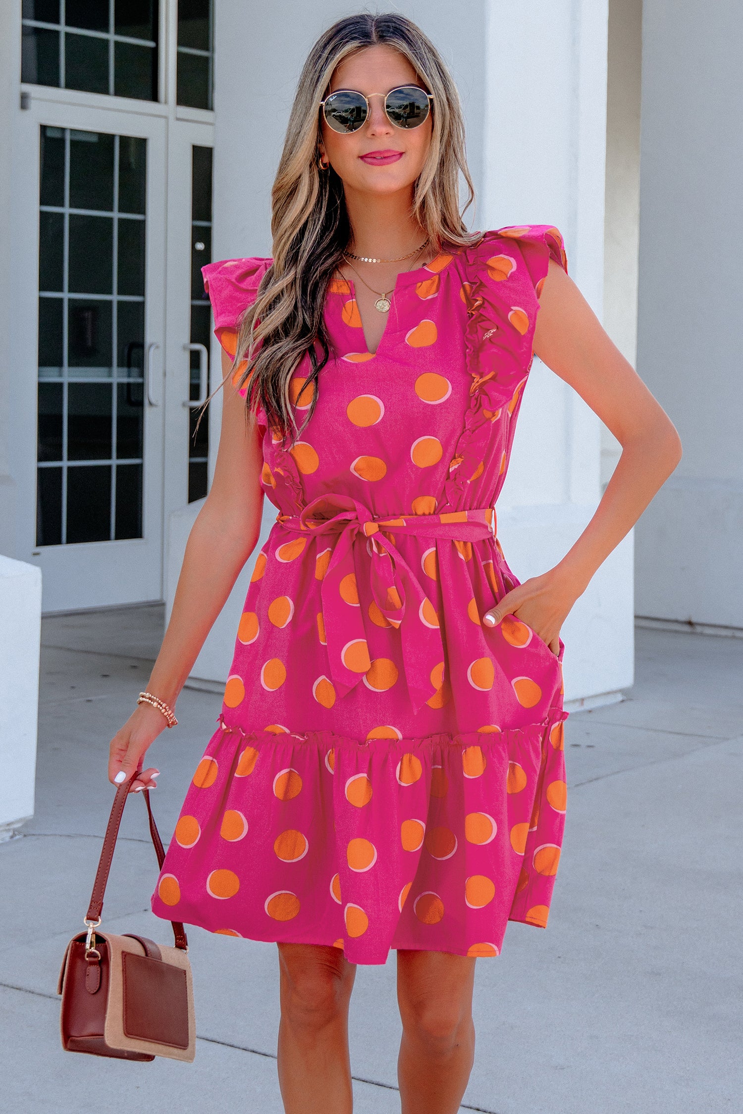 Polka Dot V Neck Ruffled Short Sleeve Mini Dress
