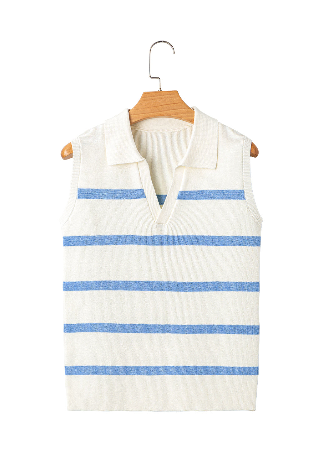 Blue Stripe Split V Neck Collared Ribbed Sleeveless Sweater eAura