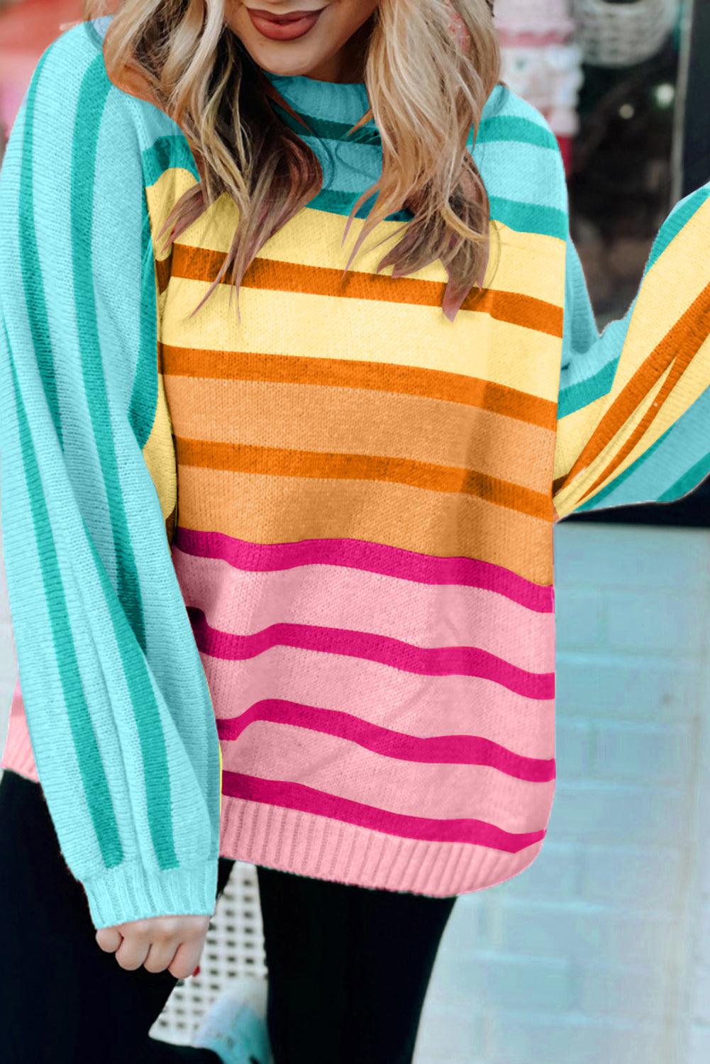 Yellow Stripe Gradient Striped Ribbed Edge Loose Sweater eAura