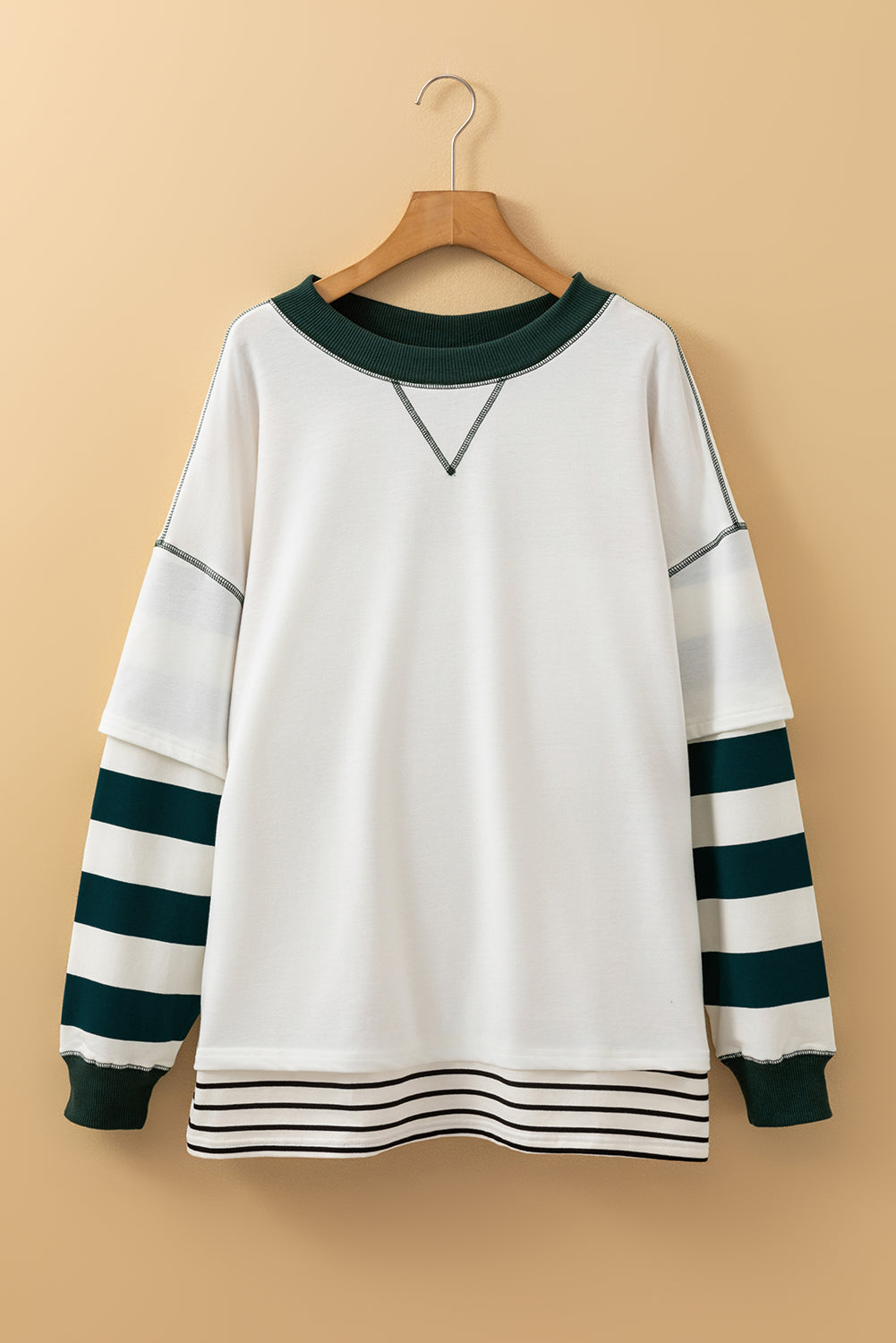 White Stripe Colourblock Sleeve Exposed Seam Fake-2-Piece Sweatshirt eAura