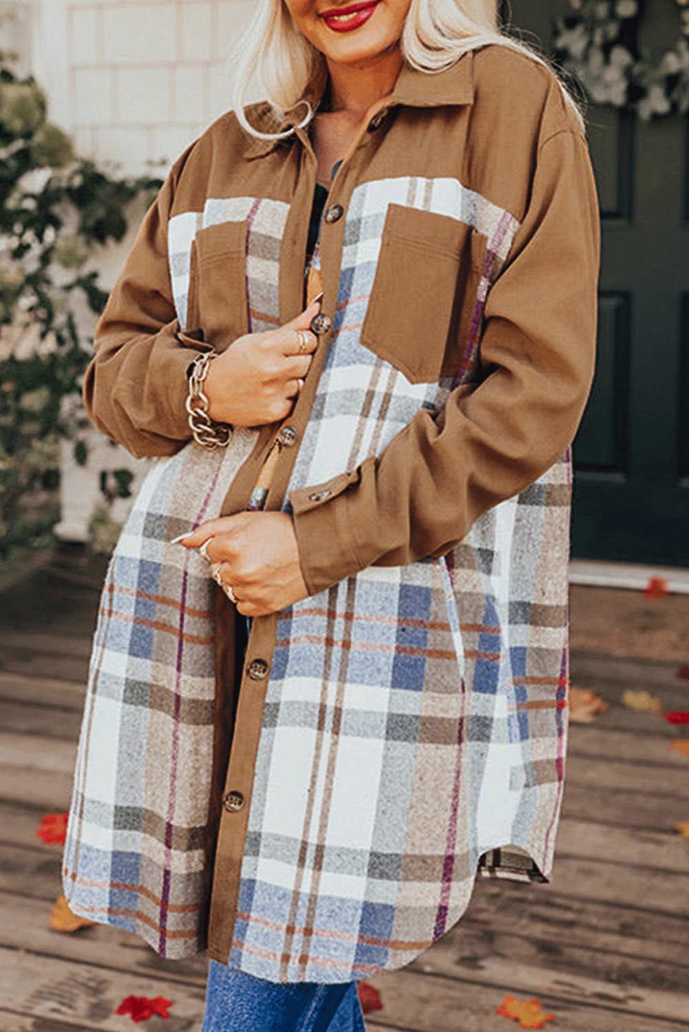 Khaki Plaid Patchwork Long Sleeve Shirt Mini Dress eAura