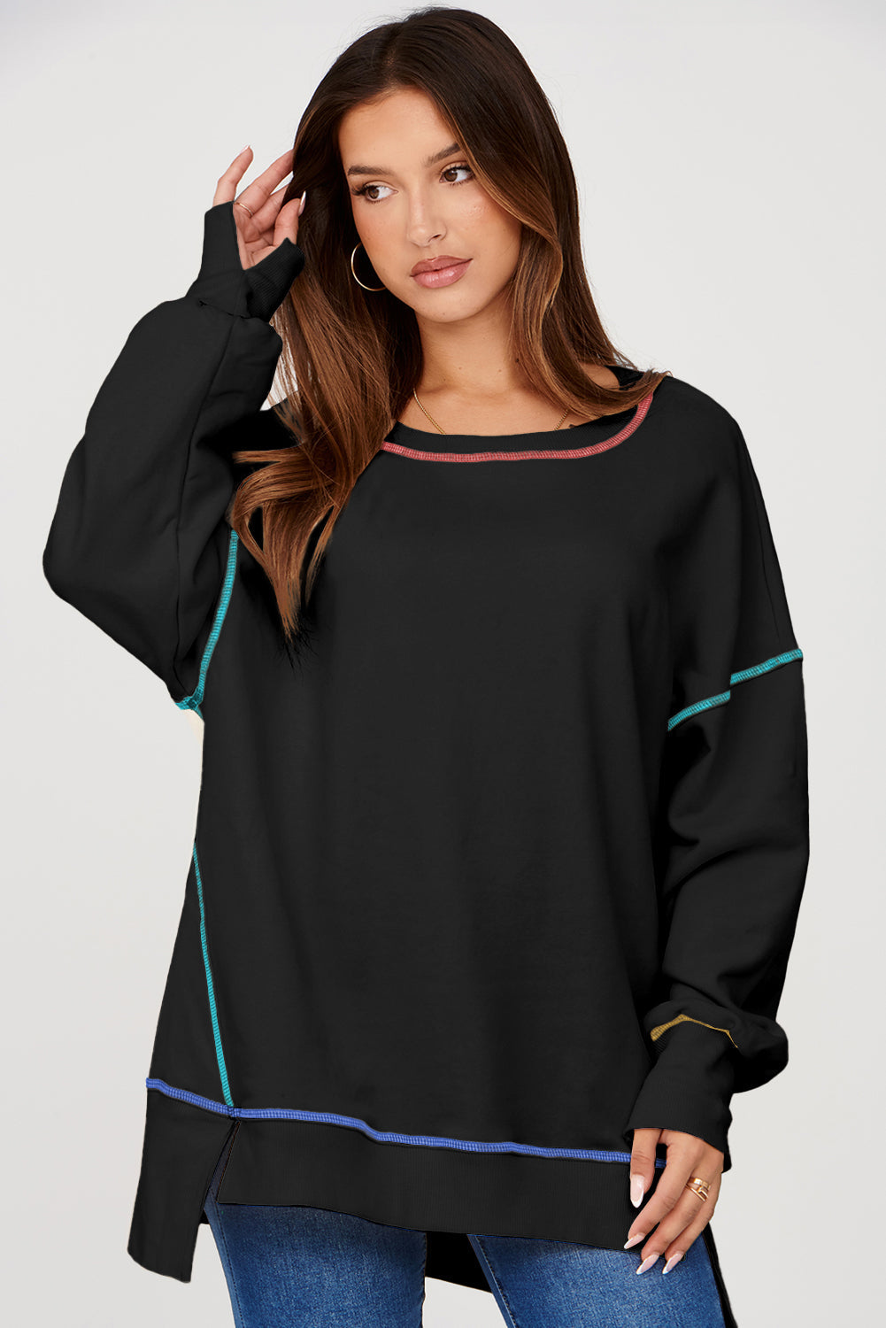 Black Contrast Stitching Split Baggy Sweatshirt eAura