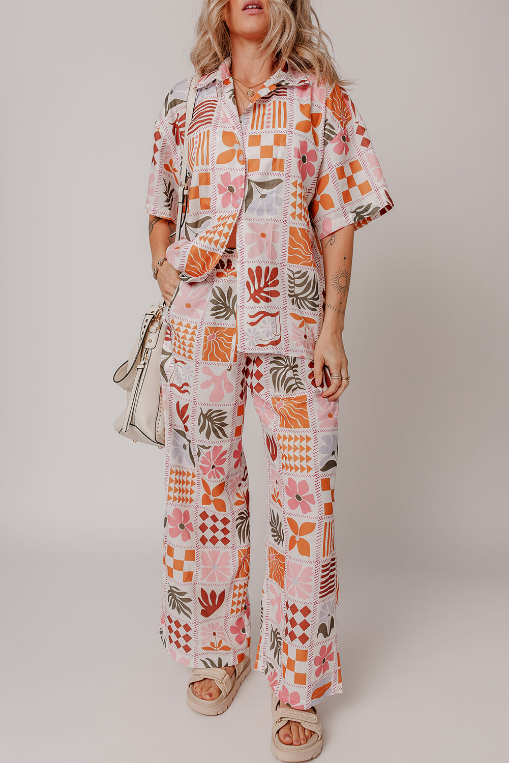 Orange Plant Checkered Print Collared Shirt and Wide Leg Trousers Set eAura