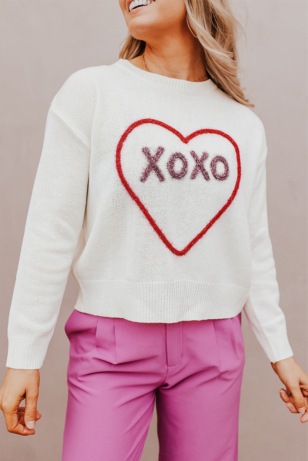 Rose Heart XOXO Pattern Drop Shoulder Rib Knit Sweater eAura