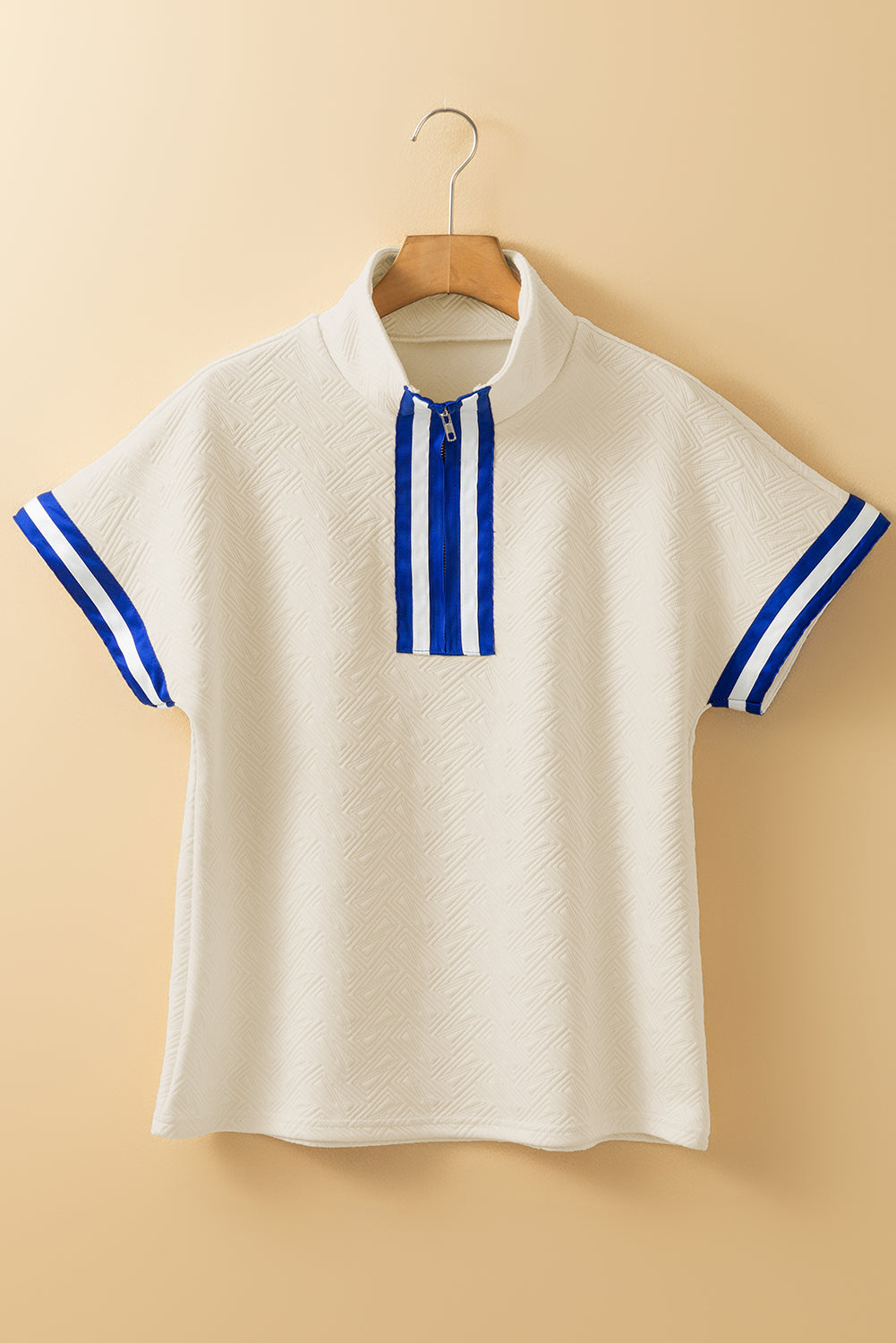 Beige Preppy Striped Trim Textured Quarter Zipper Colourblock Short Sleeve Top eAura
