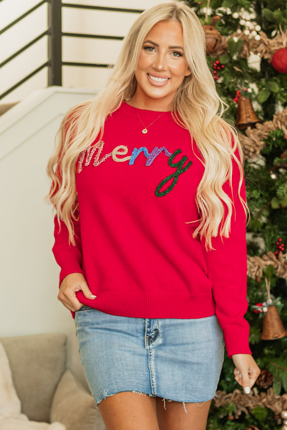 Fiery Red Tinsel Merry Letter Drop Shoulder Baggy Sweater eAura