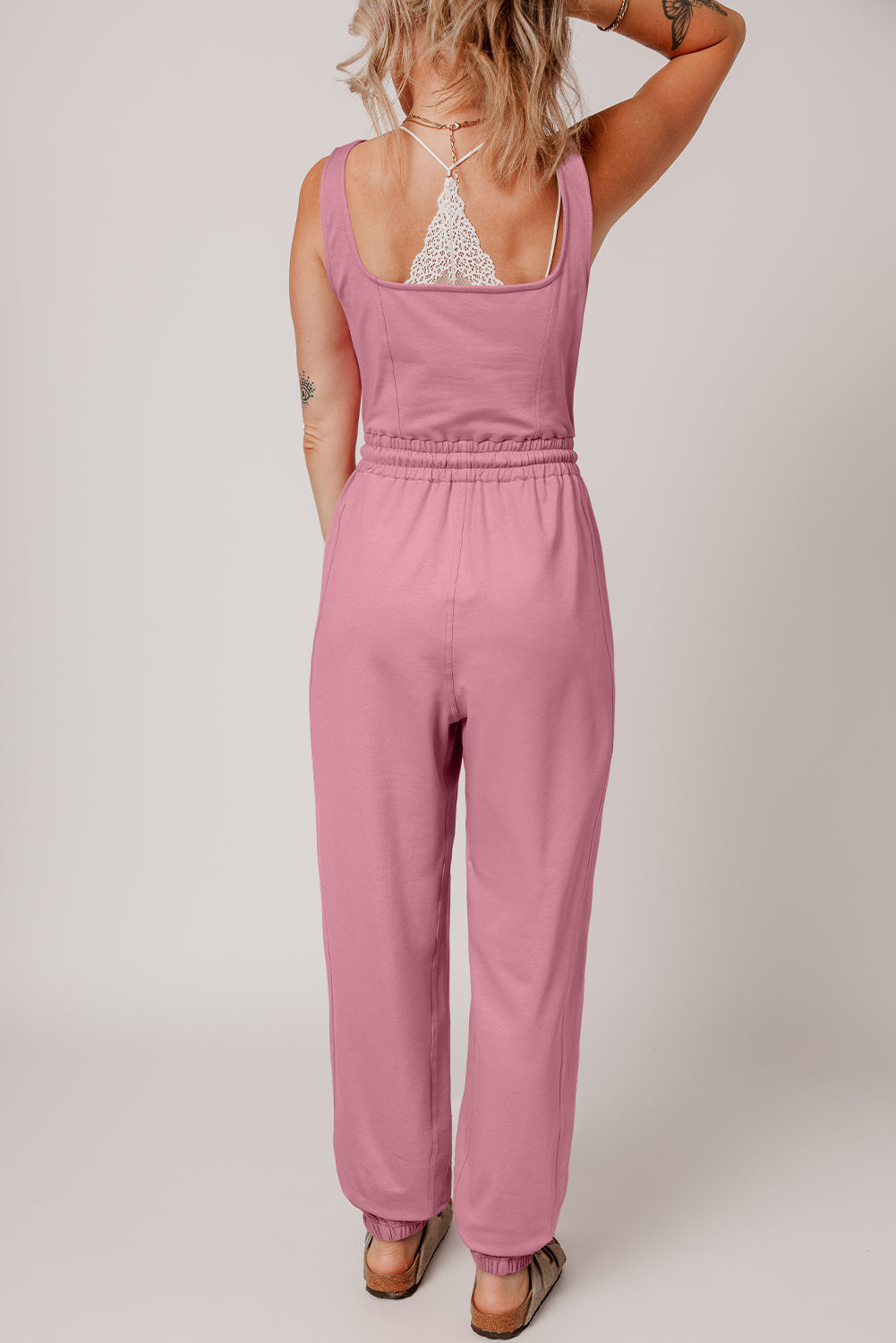 Light Pink Lace-up Elastic Waist Sleeveless Square Neck Jumpsuit eAura
