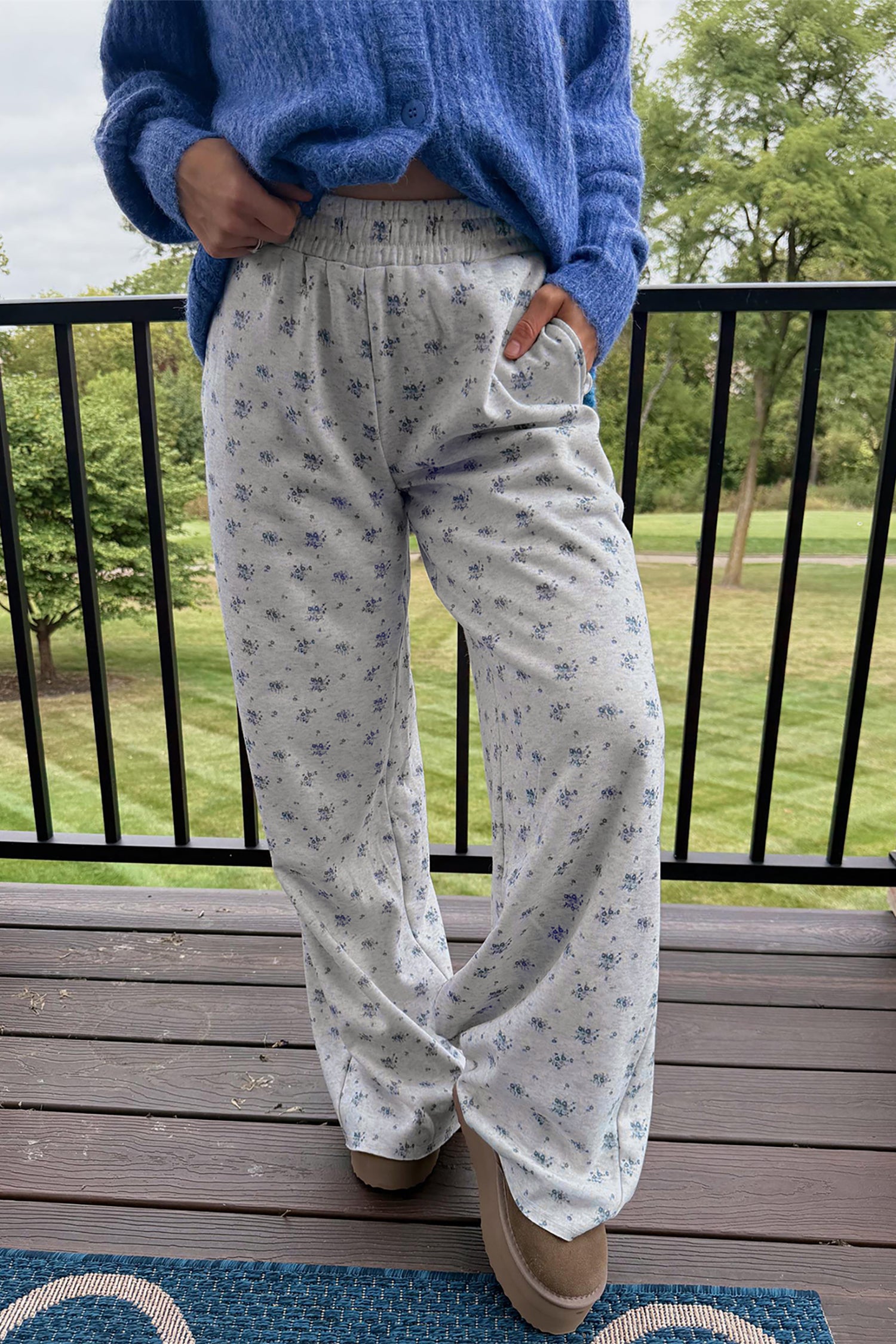 Floral Print Elastic Waist Full Length Regular Pants – Gray