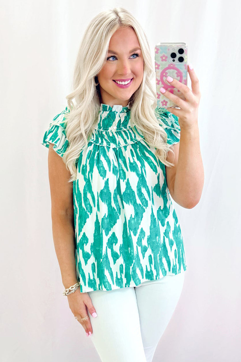 Sky Blue Abstract Print Frilled Crewneck Loose Fit Blouse eAura