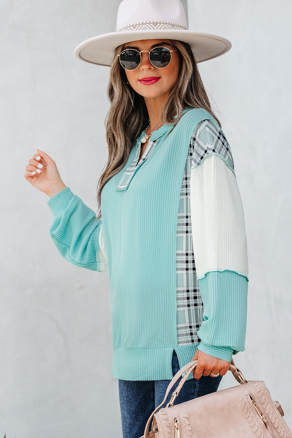Soft Corded Texture Patchwork Split Neck Long Sleeve Top - eAura