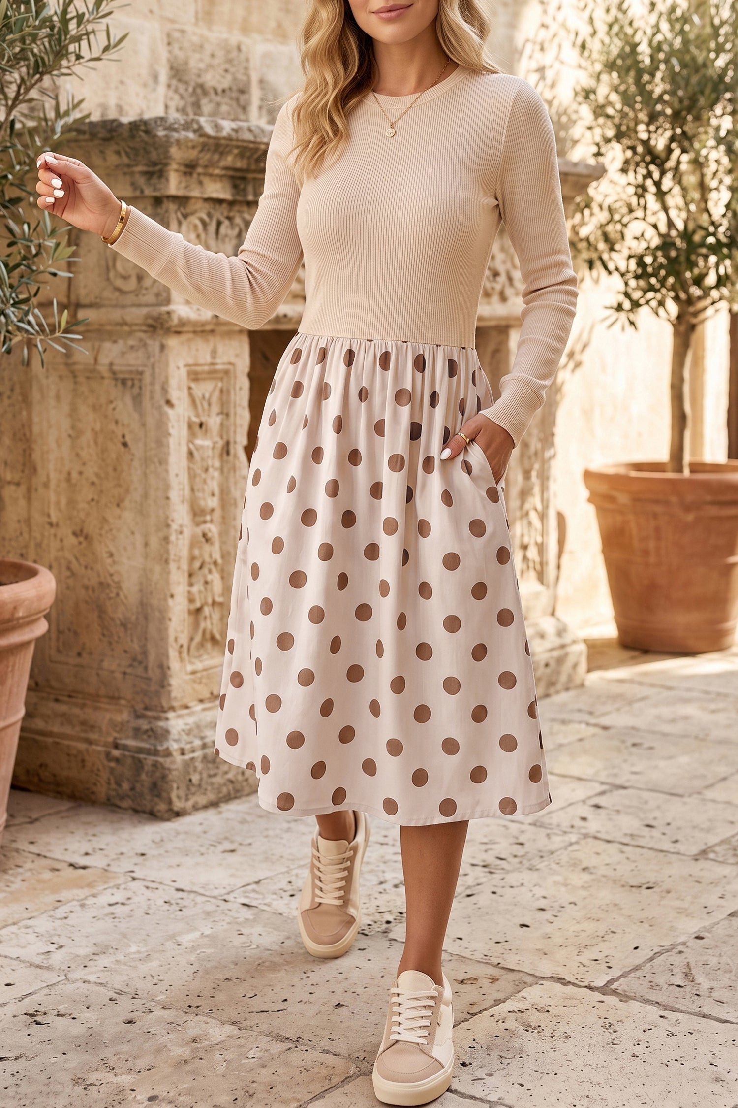 Polka Dot Midi Long Sleeve Dress – Beige