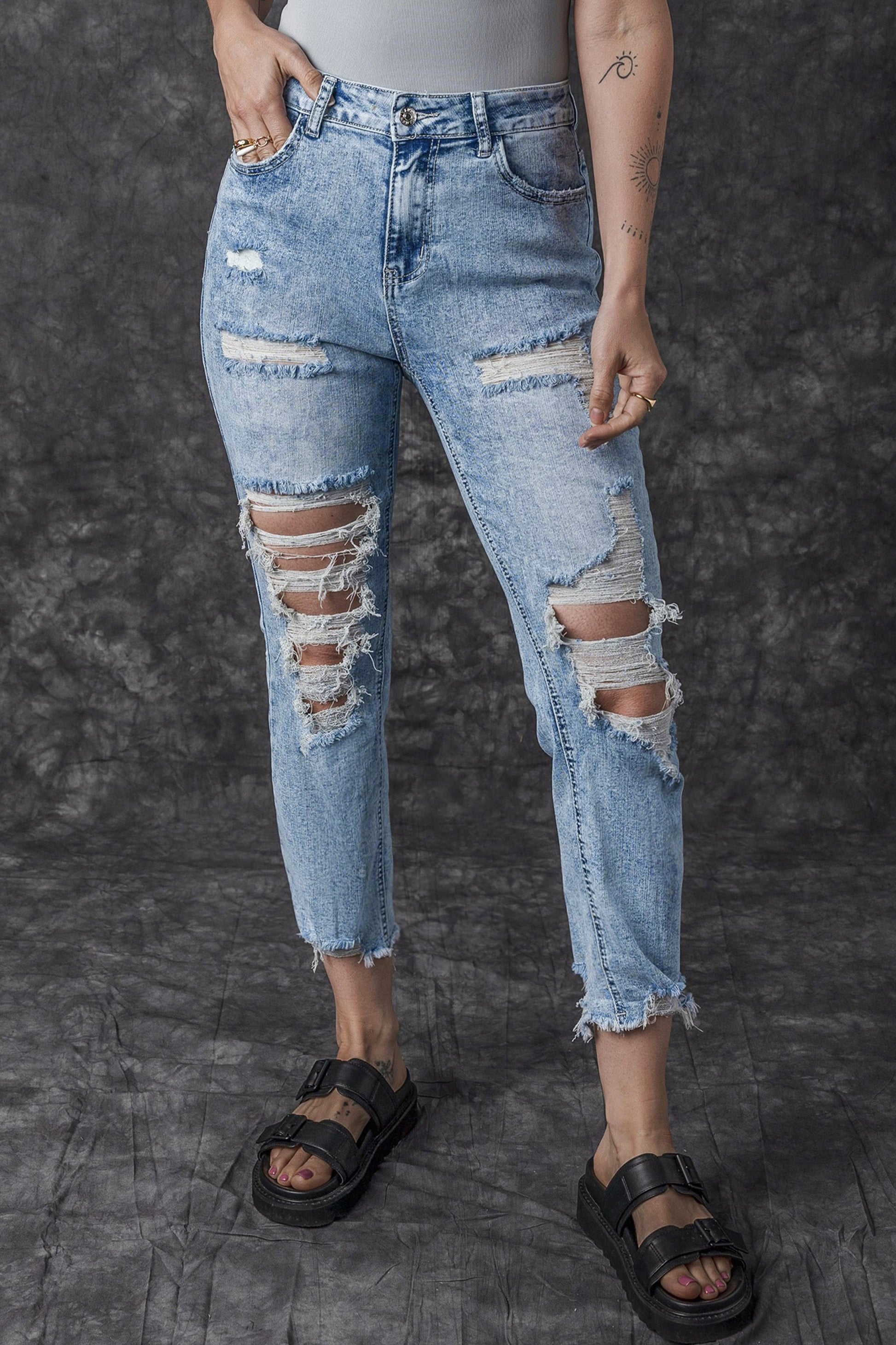Sky Blue Acid Wash Distressed Slim Fit Jeans Beagle Boutique Fashion Outlet