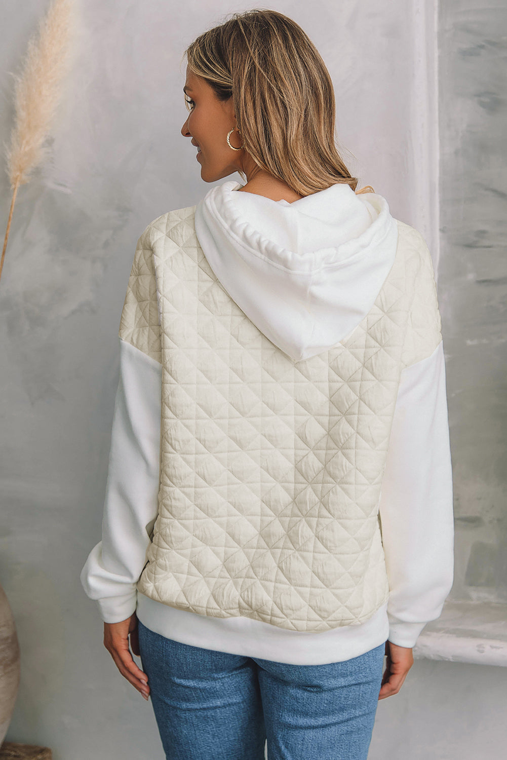 Beige Drop Shoulder Quilted Patchwork Kangaroo Pocket Hoodie eAura