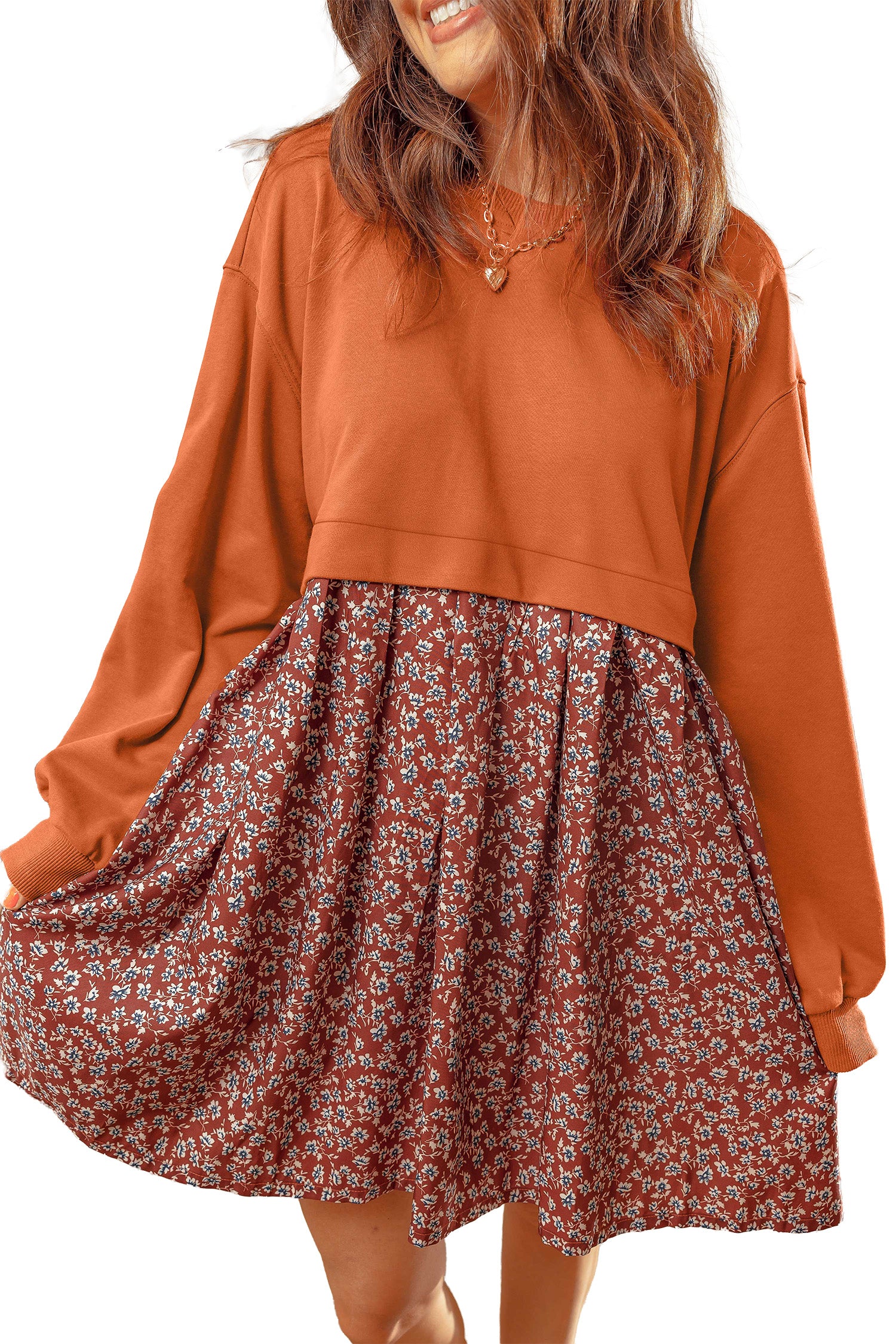 Solid Long Sleeve Top Patchwork Floral Flared 2-in-1 Mini Dress – Orange