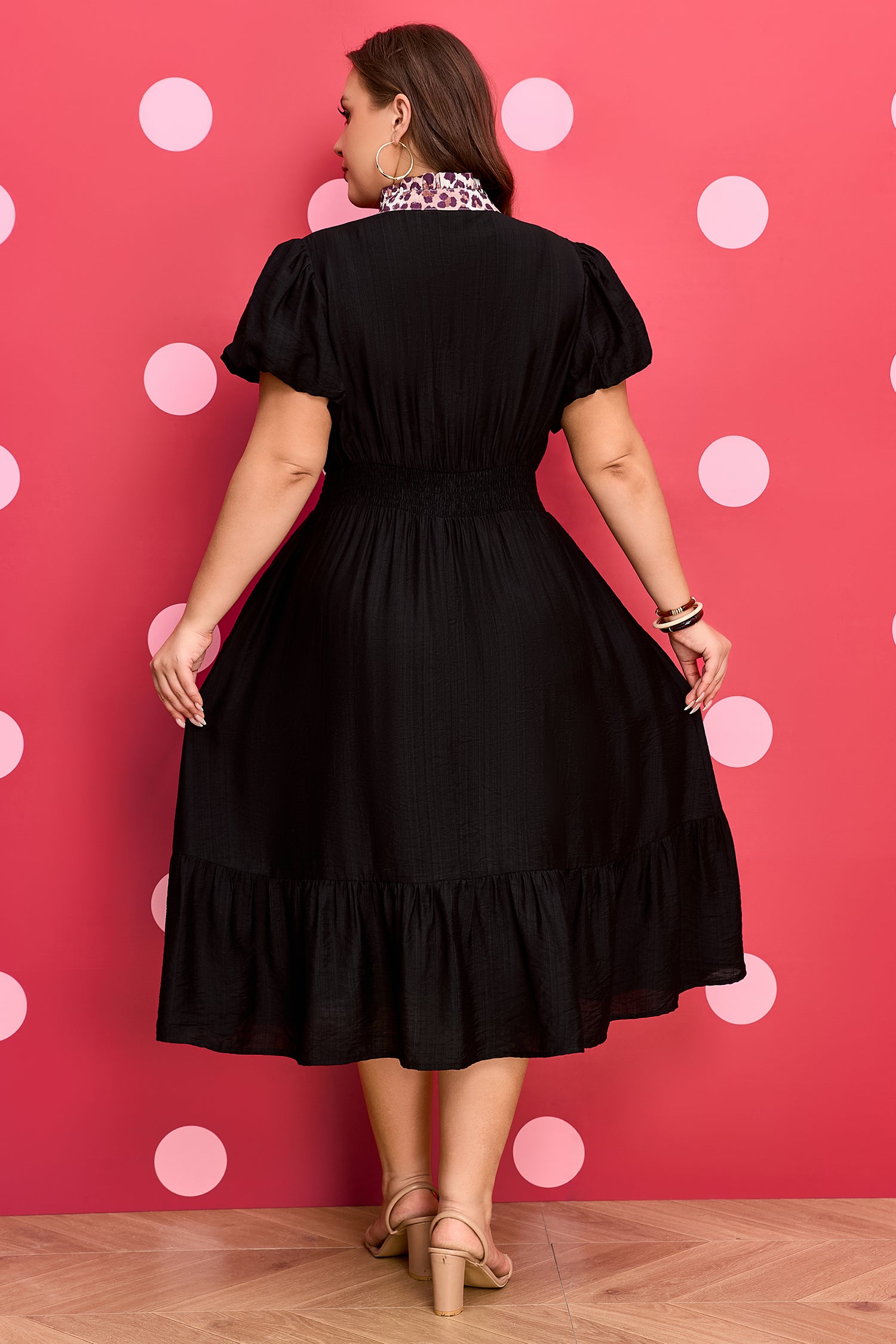 Leopard V-Neck Patchwork Smocked Waist Plus Size Ruffled Dress