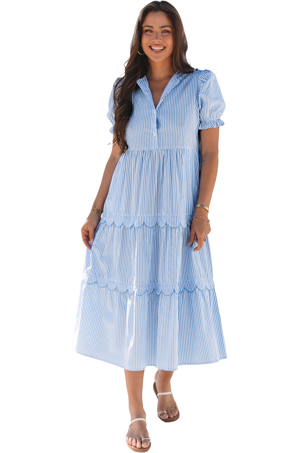 Sky Blue Stripe Bubble Short Sleeve Tiered Scallop Long Dress eAura