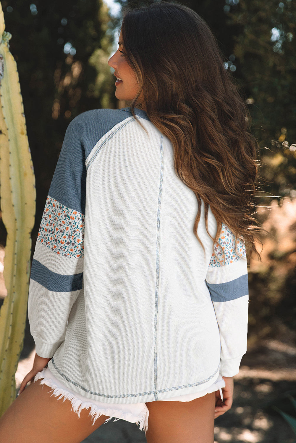 White Floral Patchwork Waffle Knit Raglan Top eAura