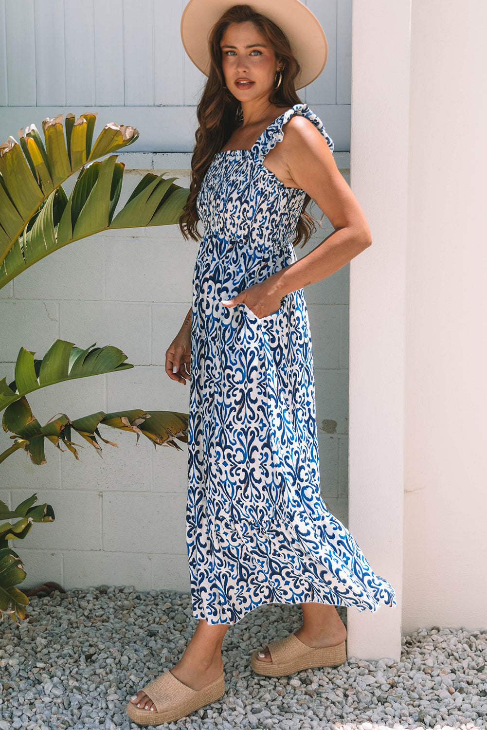Sky Blue Boho Print Smocked Maxi Dress eAura