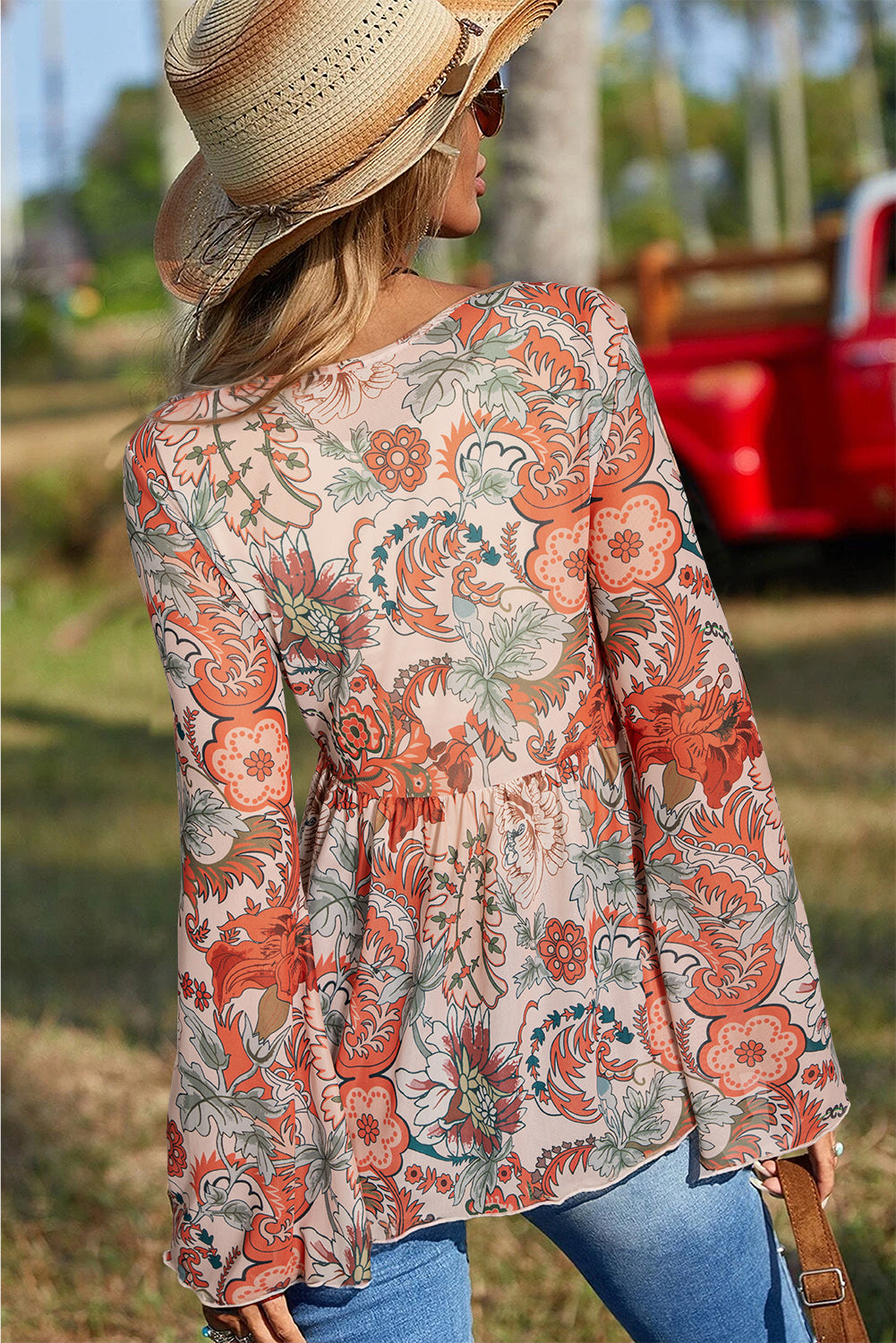 Orange Floral Print Deep V Neck Knot Bell Sleeve Blouse eAura