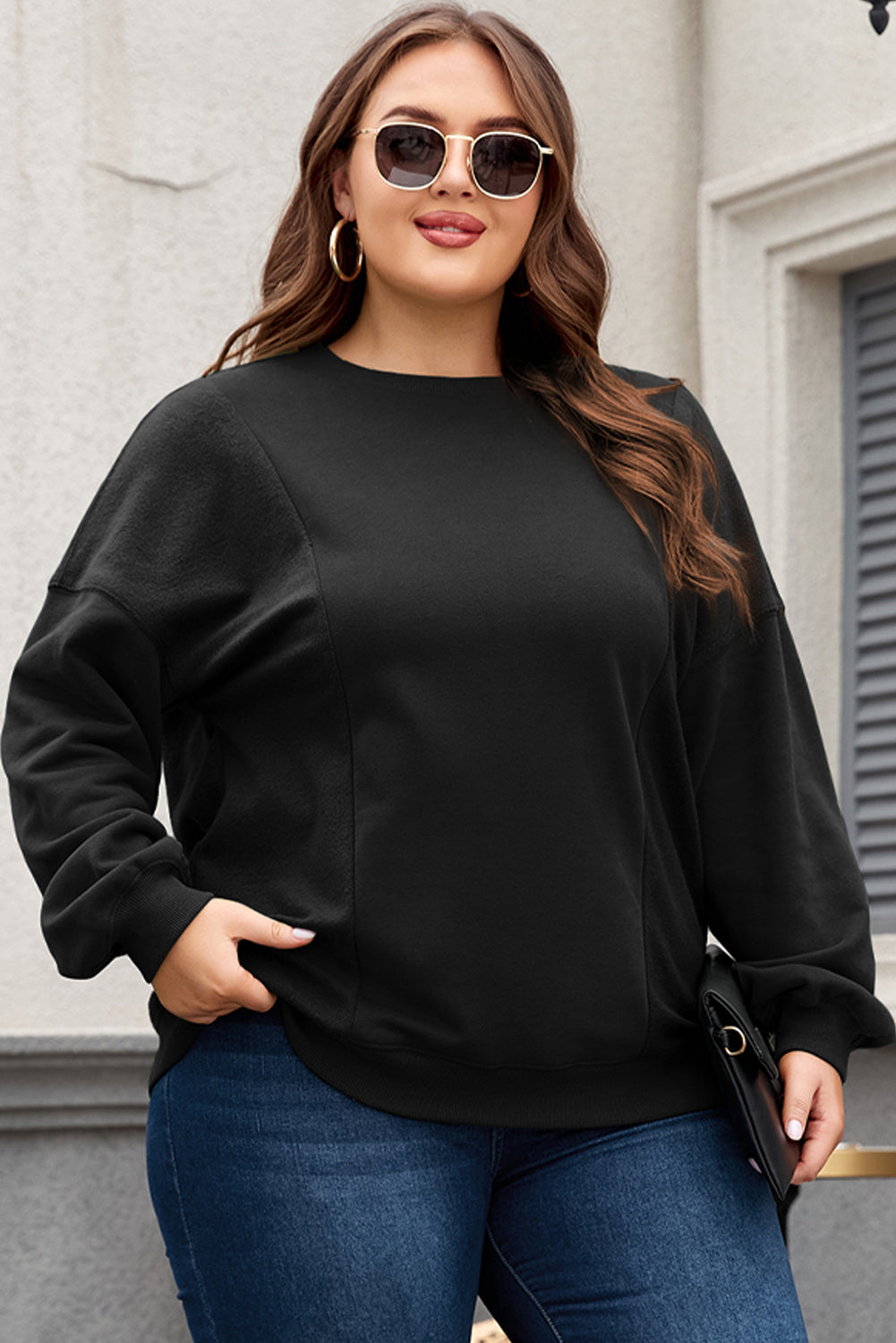 Black Loose Patchwork Crewneck Plus Size Sweatshirt BB Fashion Outlet