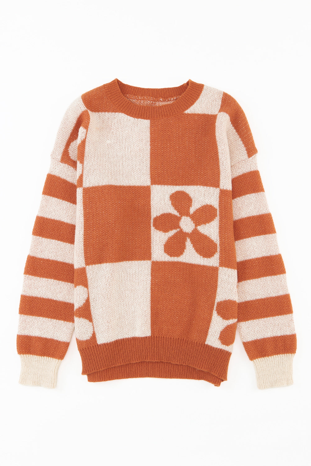 Brown Checkered Floral Print Striped Sleeve Sweater eAura